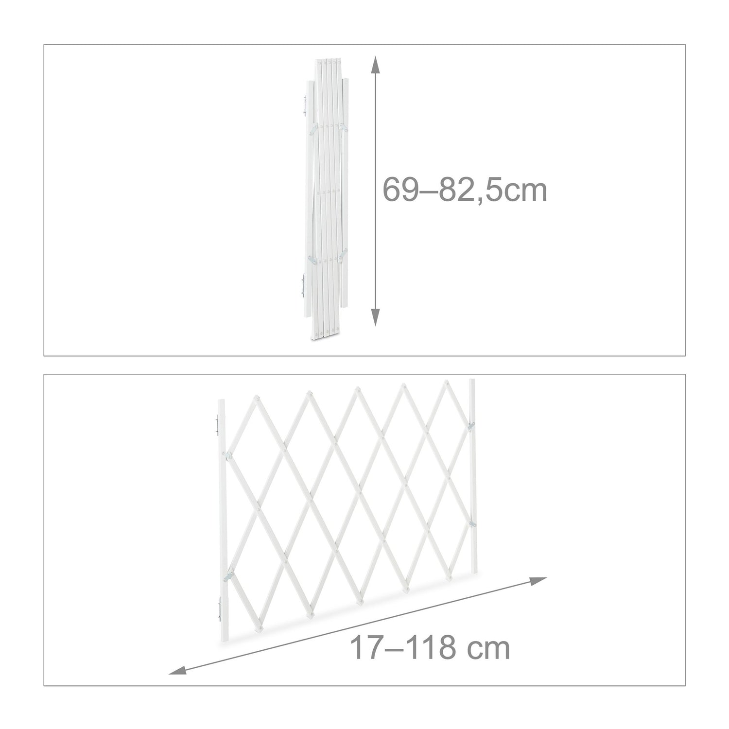 Una puerta de celosía extensible blanca, mostrada plegada y extendida.