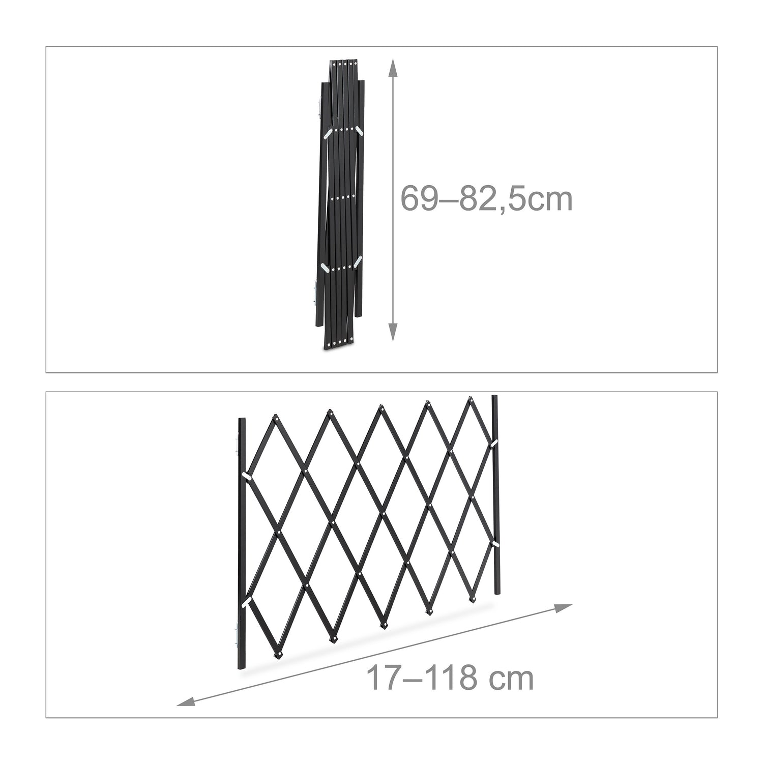 Una puerta metálica negra y extensible, mostrada plegada y extendida, con dimensiones.
