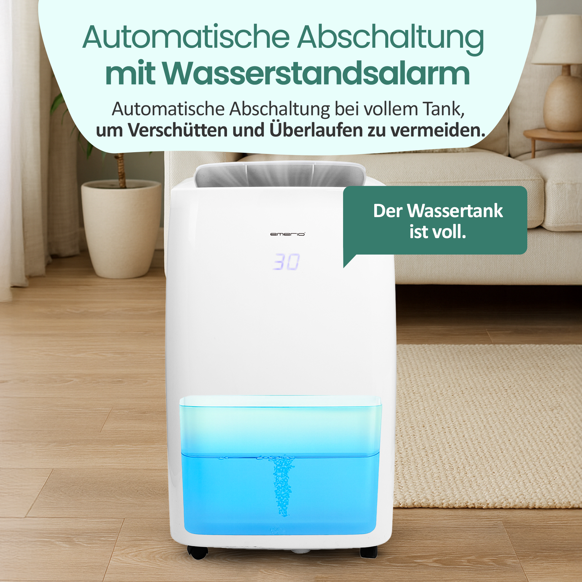 Ein weißer Luftentfeuchter mit blauem Wassertank zeigt 