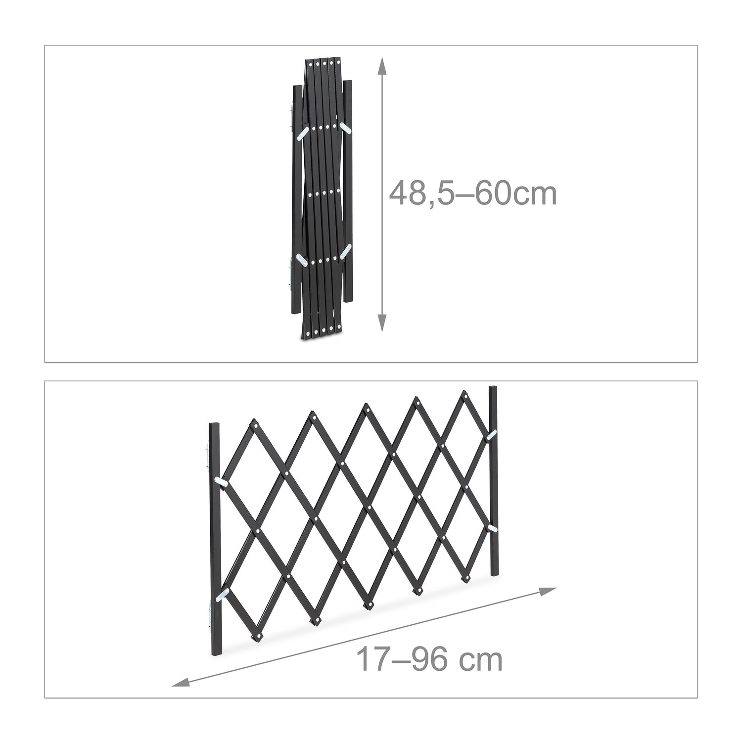 Una puerta negra extensible, mostrada plegada y extendida con dimensiones.