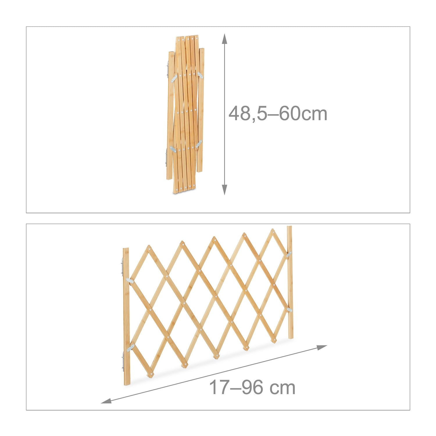 Una valla de madera extensible, mostrada plegada y extendida.