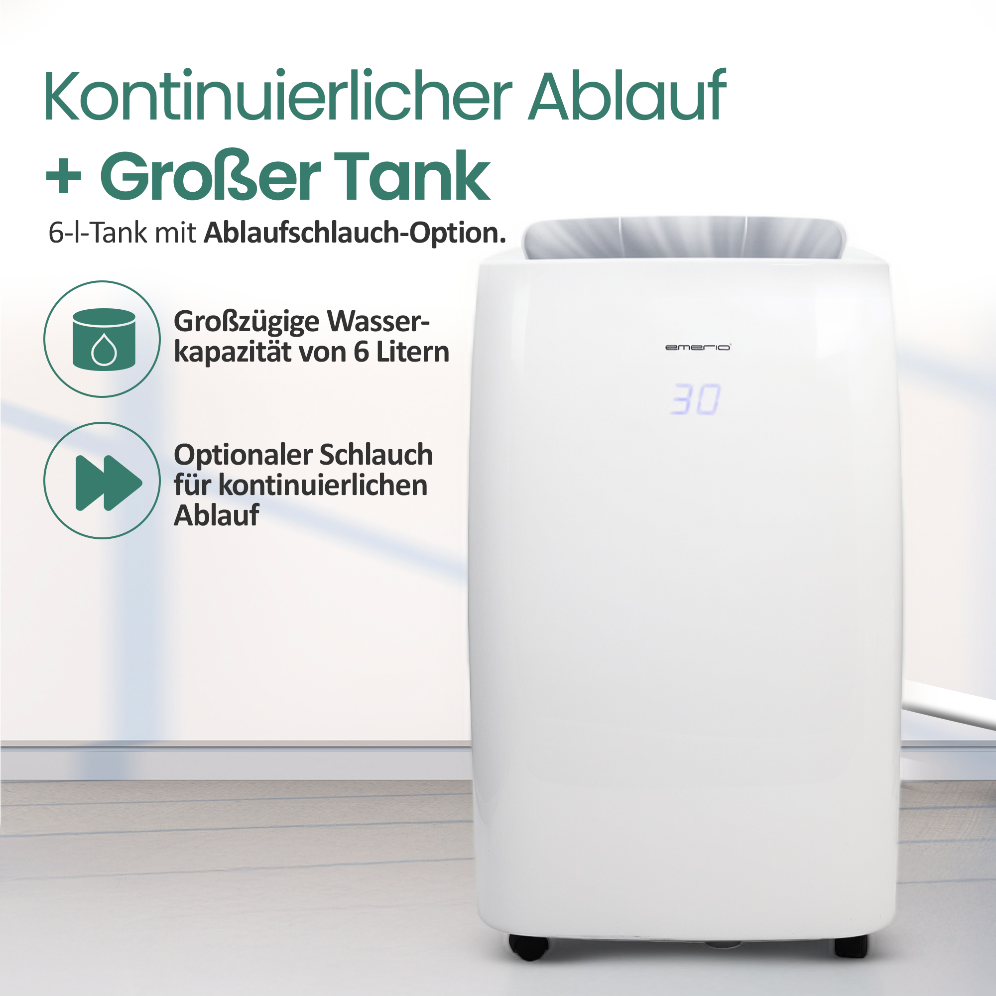 Ein weißer Emerio Luftentfeuchter mit 6L Tank und digitaler Anzeige.