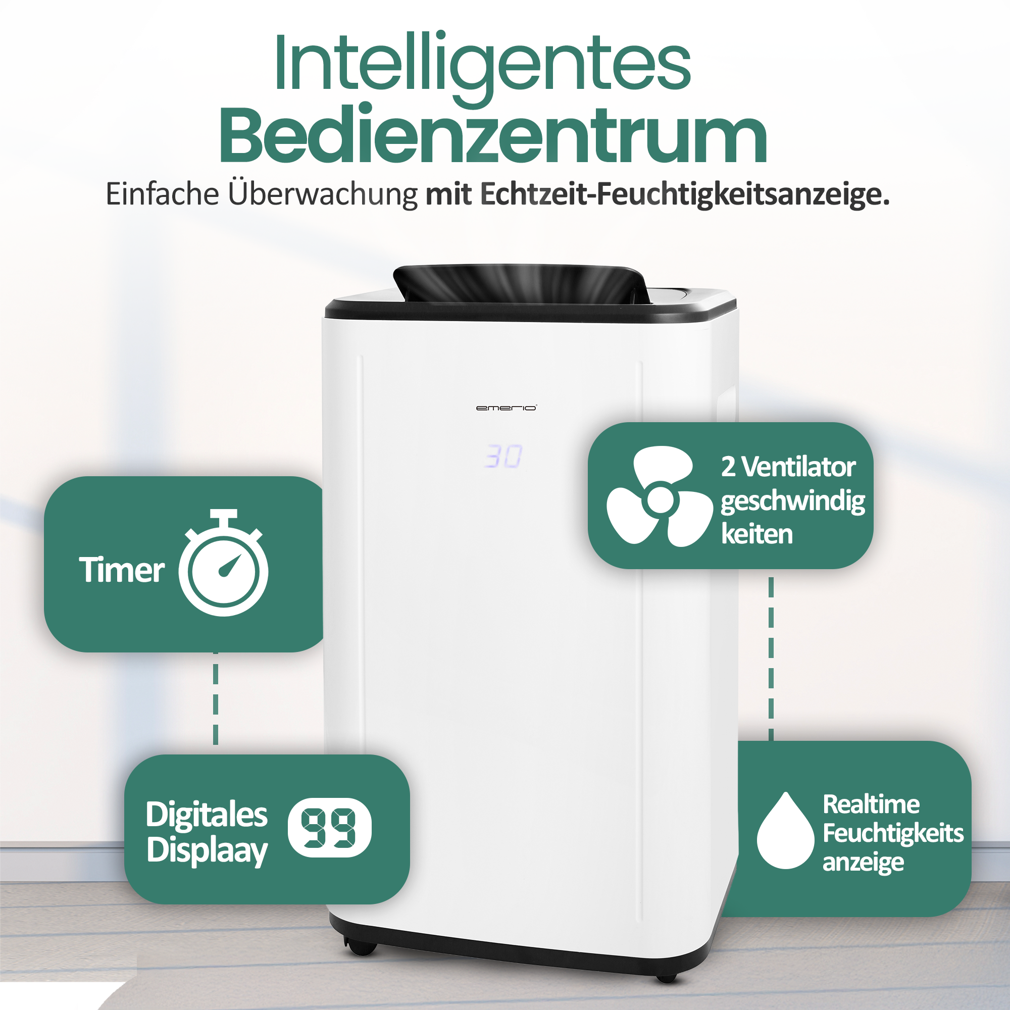 Ein weißer Luftentfeuchter mit digitaler Anzeige und Symbolen für Timer, Lüfter und Feuchtigkeit.