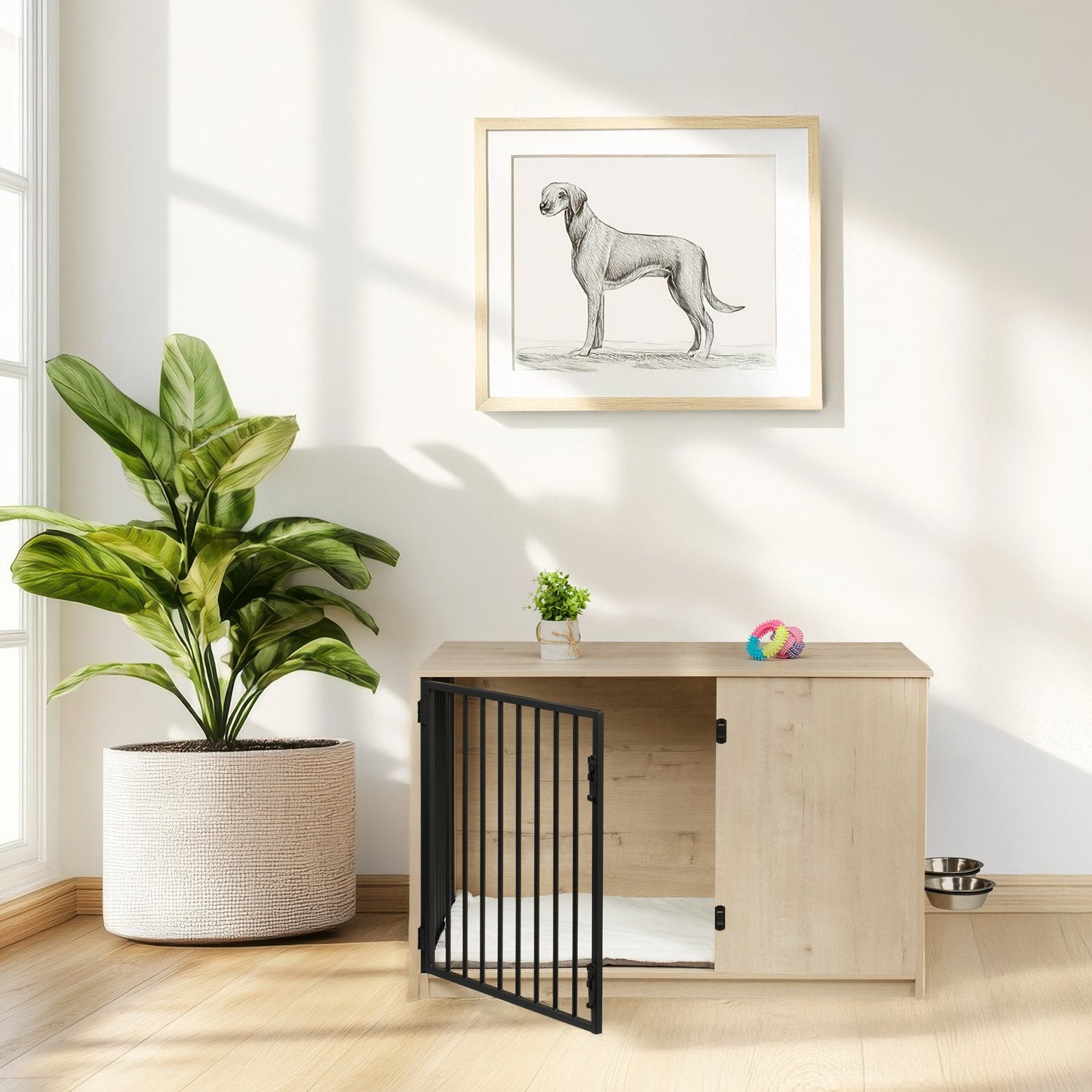 Una jaula para perros de madera clara con puerta de metal abierta, junto a una planta.