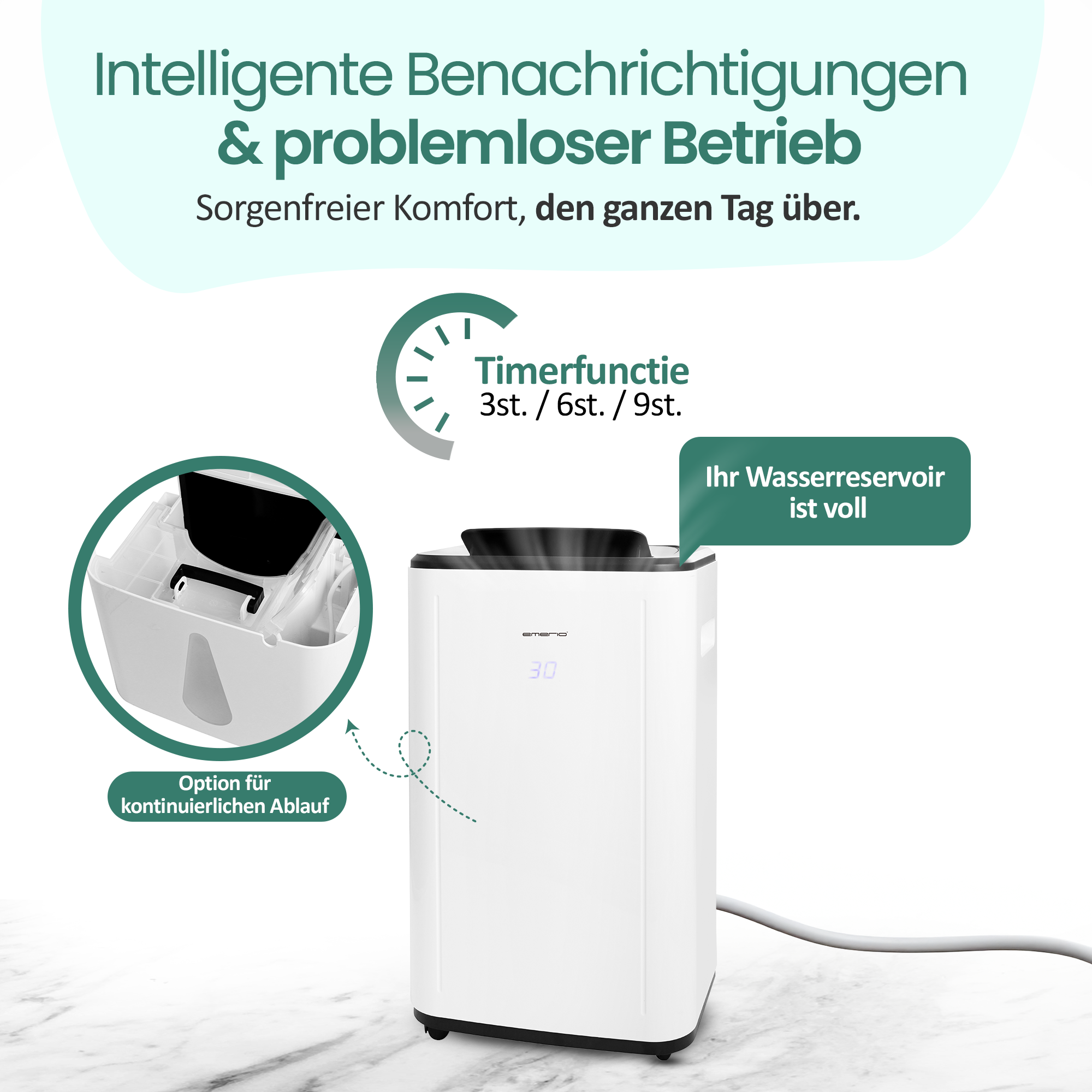 Ein weißer Luftentfeuchter mit Timer-Anzeige und Wasserbehälter.