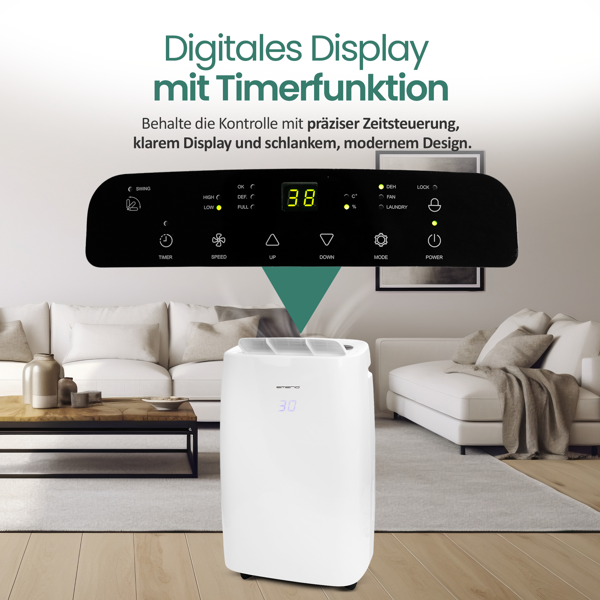 Ein weißer Luftentfeuchter steht in einem Wohnzimmer, mit digitaler Anzeige.