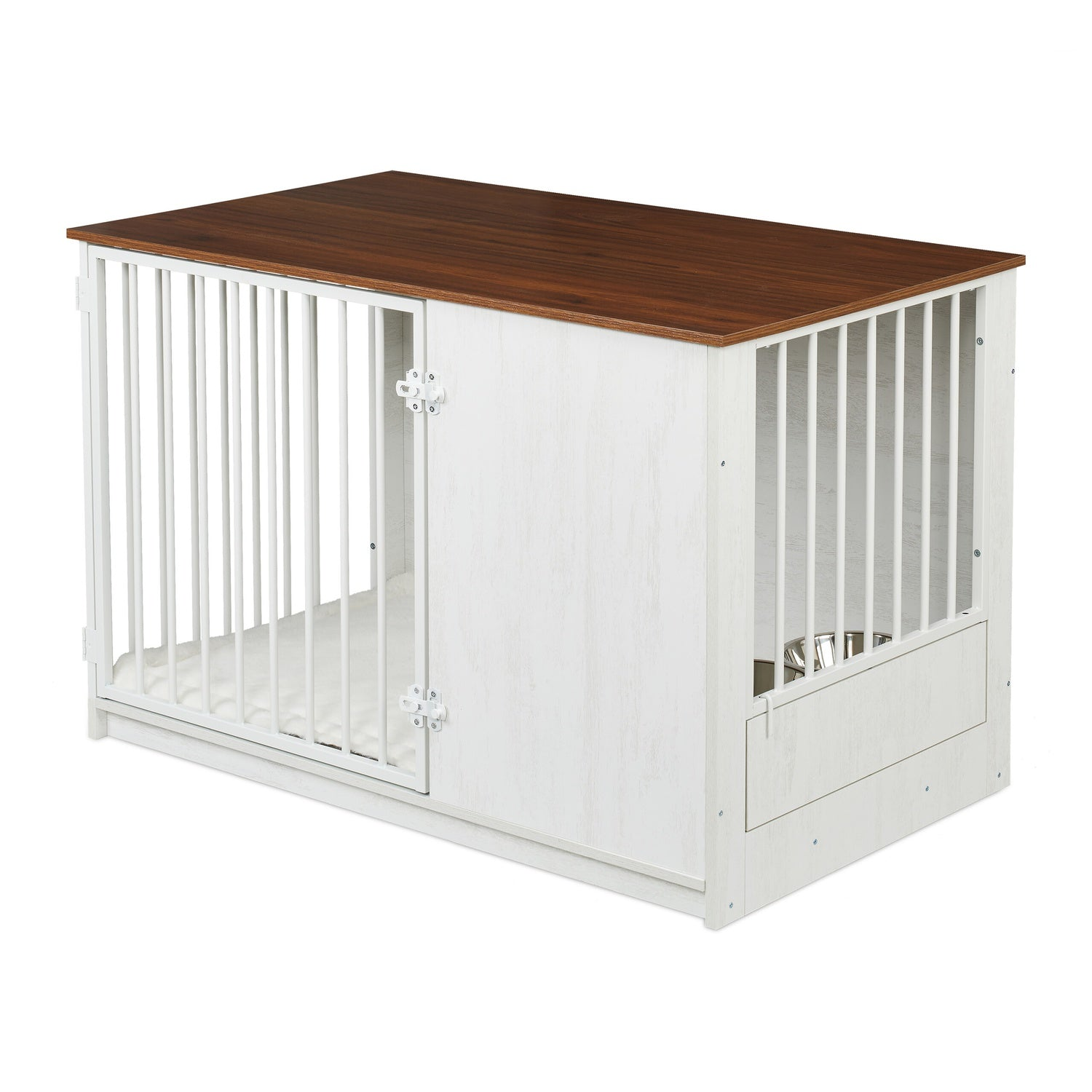 Una jaula blanca para perros con techo de madera, puerta de rejas y cuenco.