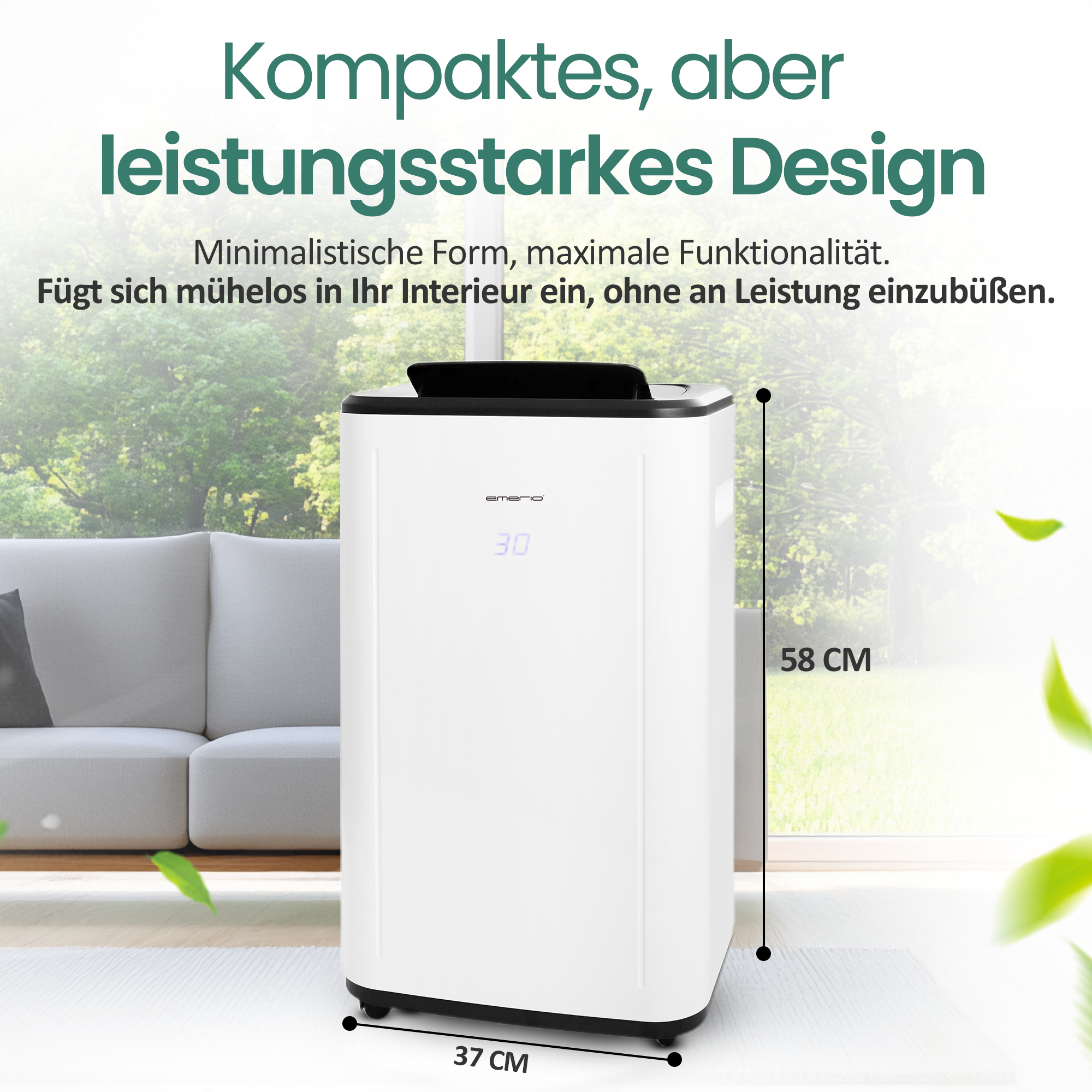 Weißer Turmlüfter mit digitaler Anzeige (30) neben einem Sofa.