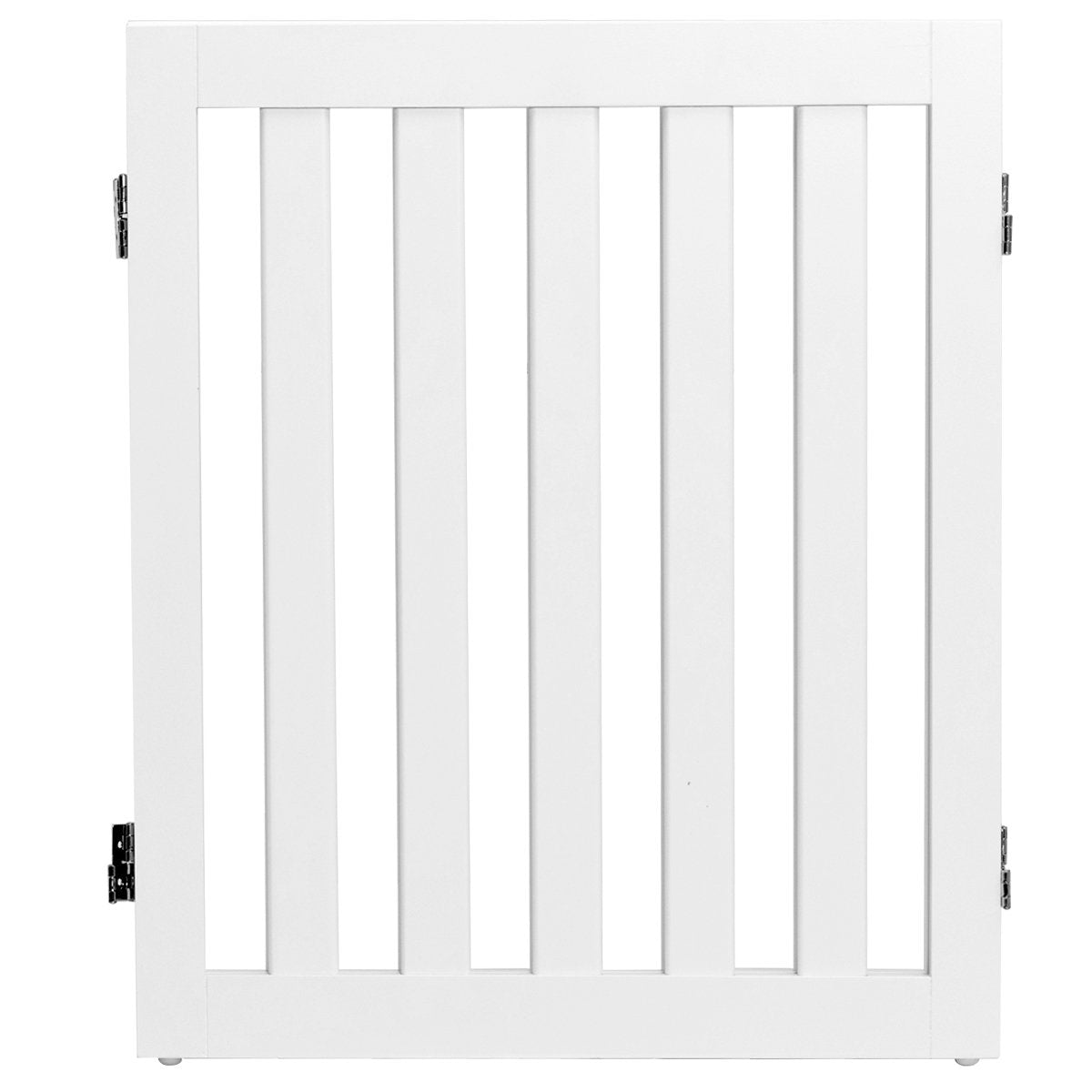 Una puerta blanca con listones verticales y bisagras negras.