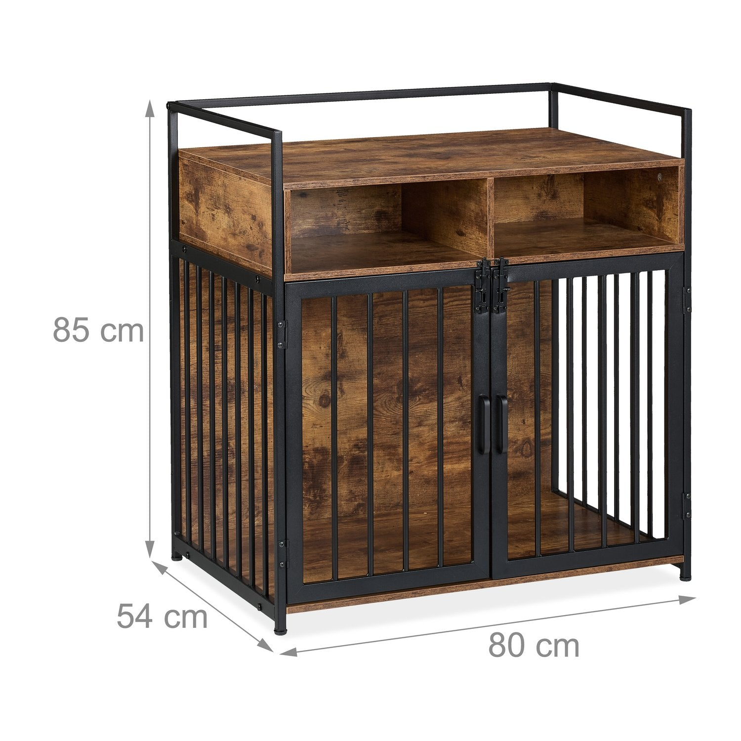 Jaula de madera y metal con dos puertas y estantes superiores. Dimensiones: 85x54x80 cm.