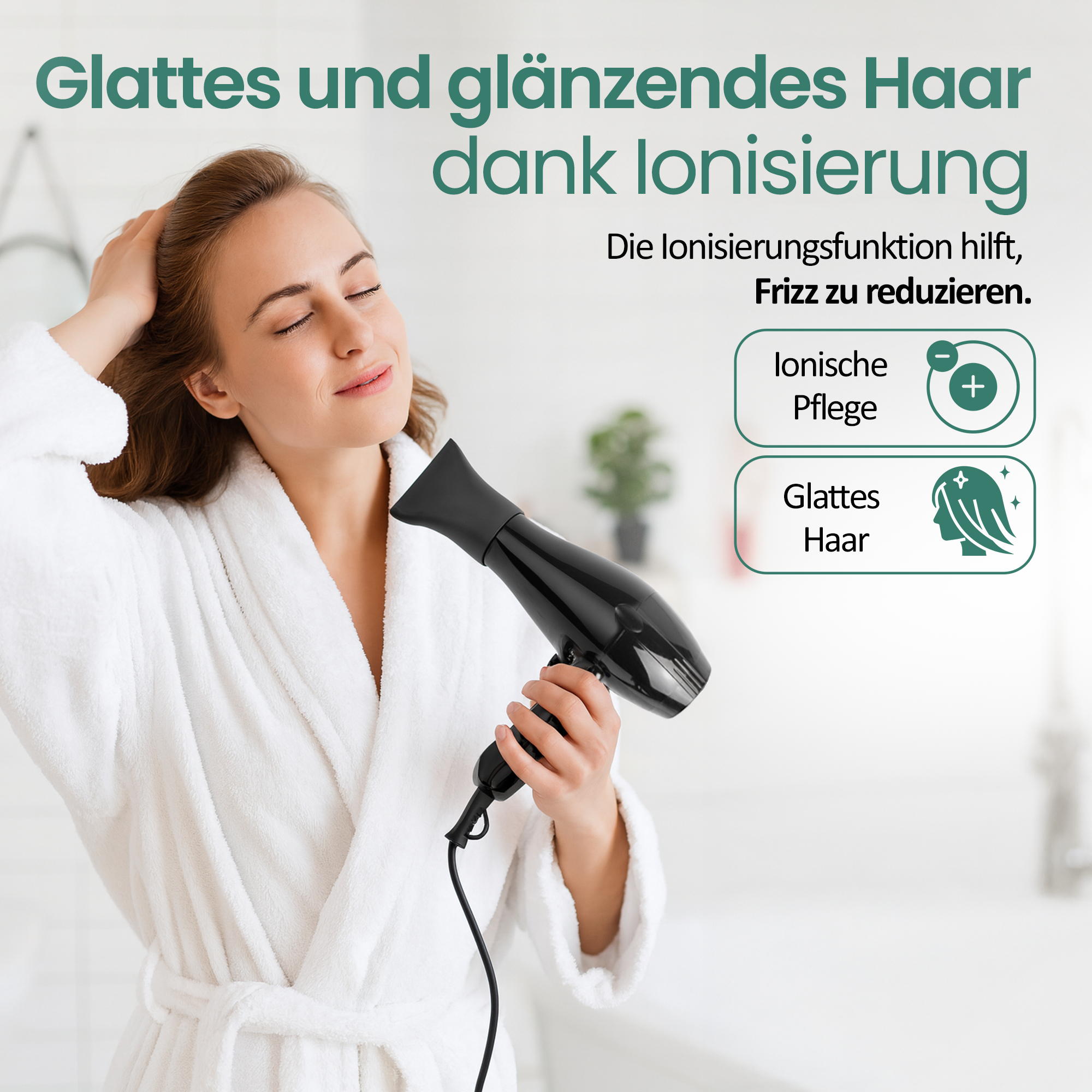 Frau mit einem Föhn, die ihr Haar glättet. Ionische Pflege für glattes Haar.