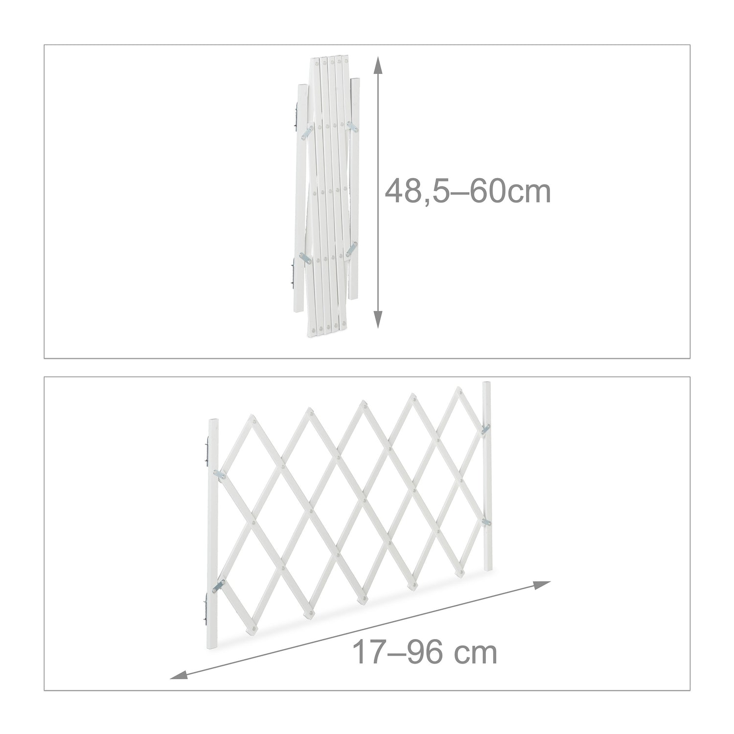 Una puerta blanca extensible, plegada y extendida, con medidas.