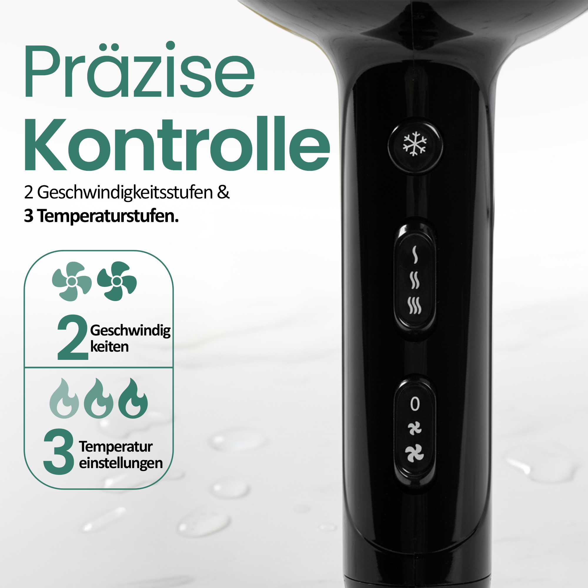 Schwarzer Haartrockner mit Bedienelementen und Text zu 2 Geschwindigkeiten & 3 Temperaturstufen.