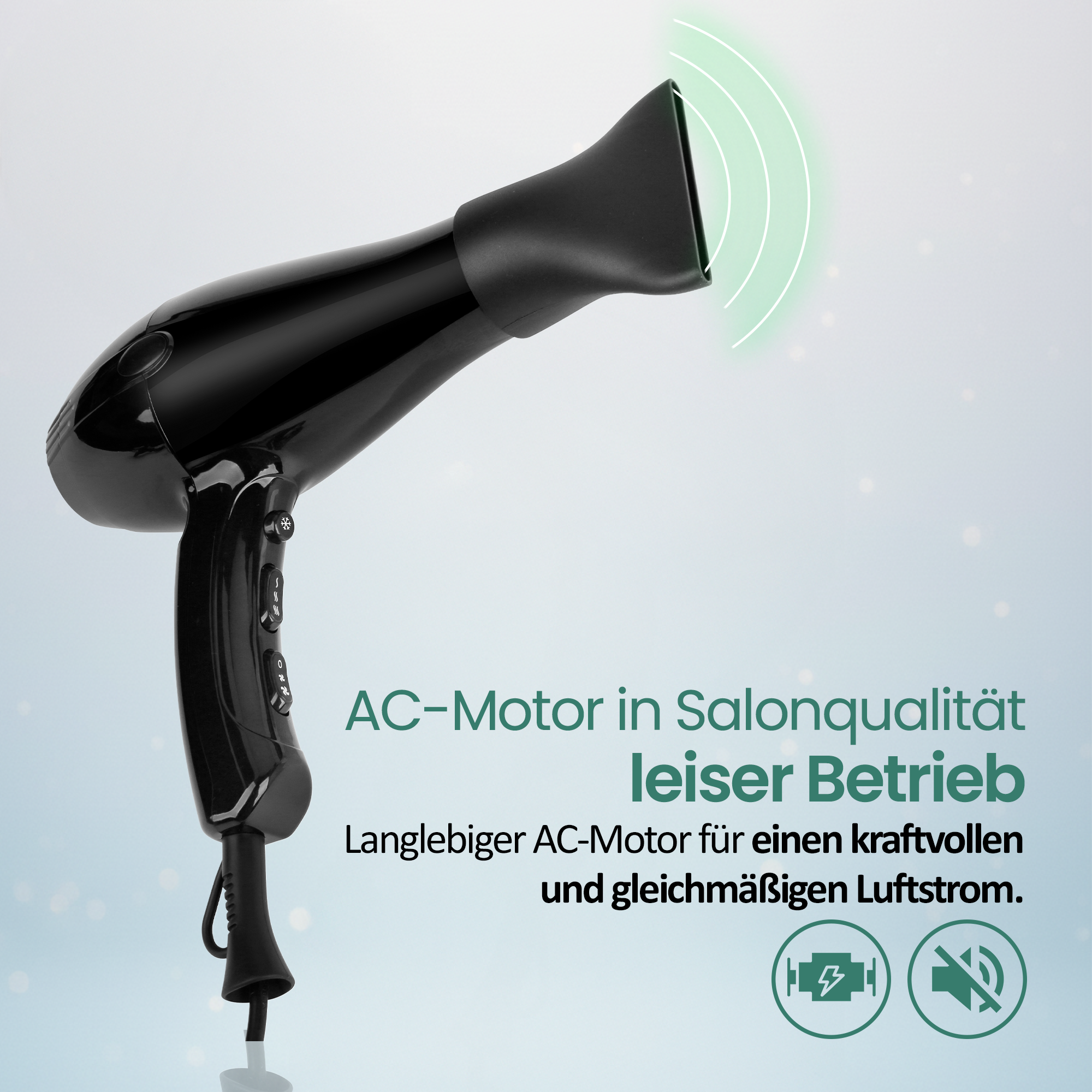 Schwarzer Haartrockner mit AC-Motor und Symbolen für Leistung und leisen Betrieb.