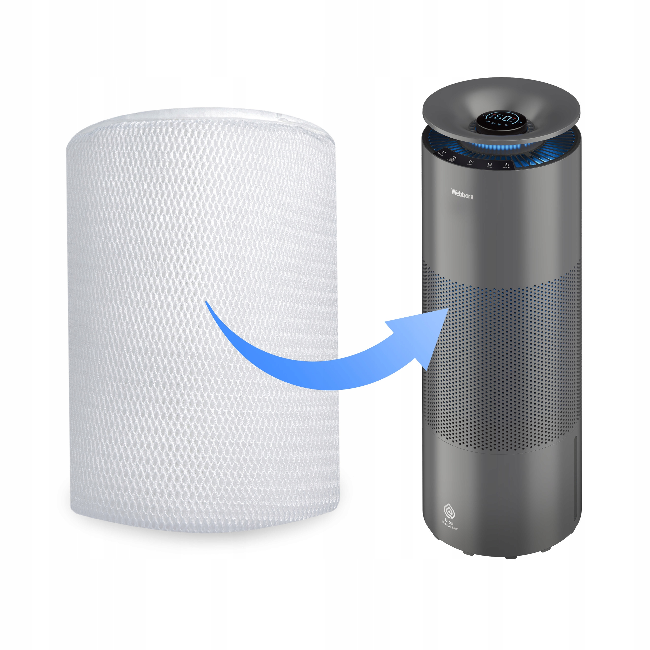 Biały filtr i szary oczyszczacz powietrza z cyfrowym wyświetlaczem.