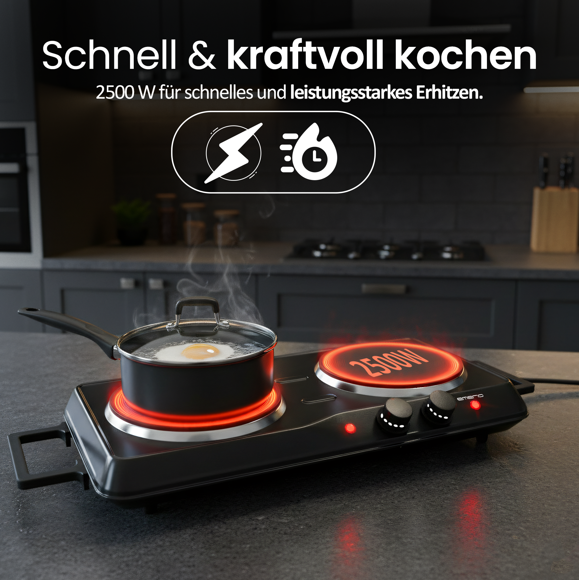 Ein Topf mit Ei kocht auf einer Doppelkochplatte mit roter Heizspirale.