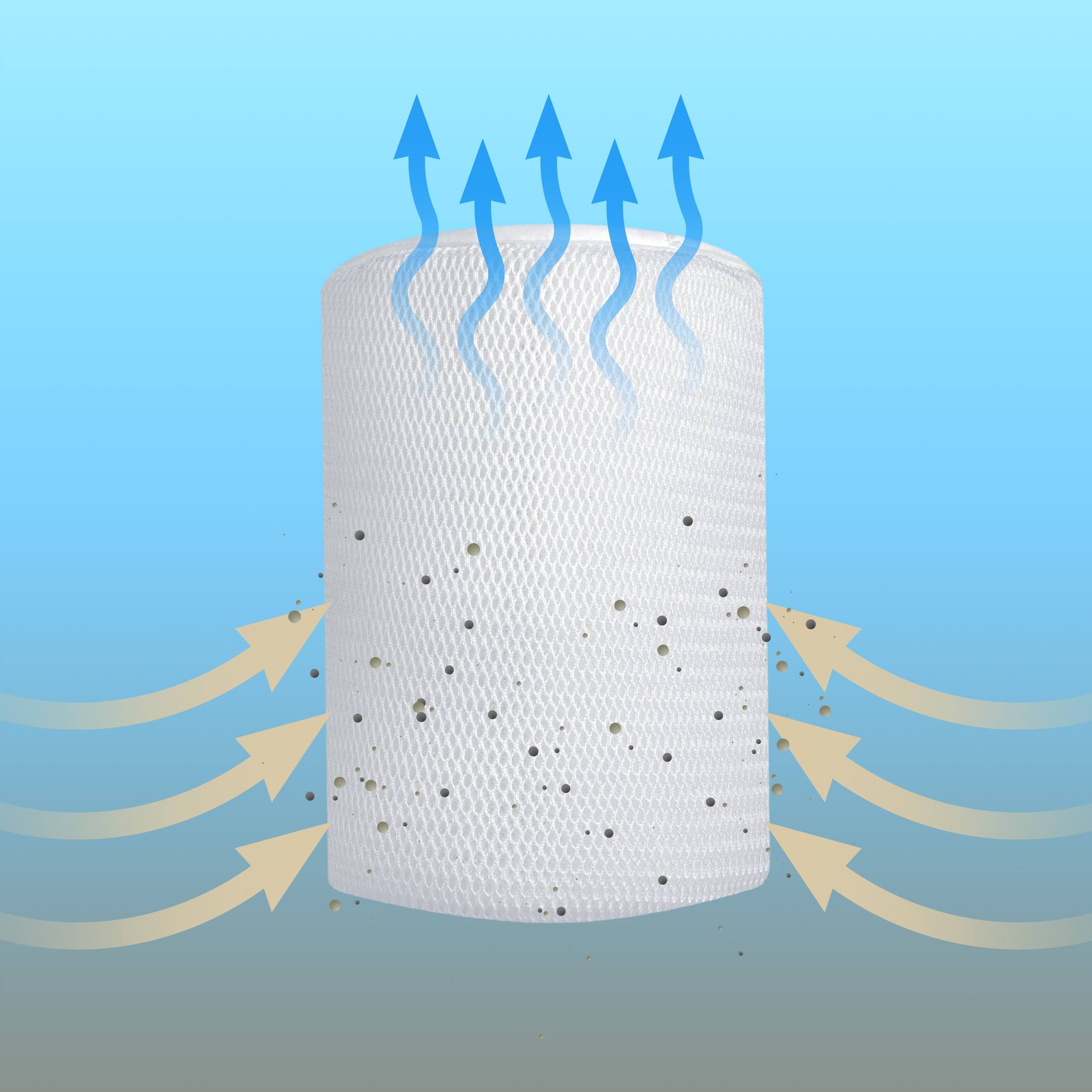 Biały filtr z cząstkami brudu, przez który przepływa powietrze.