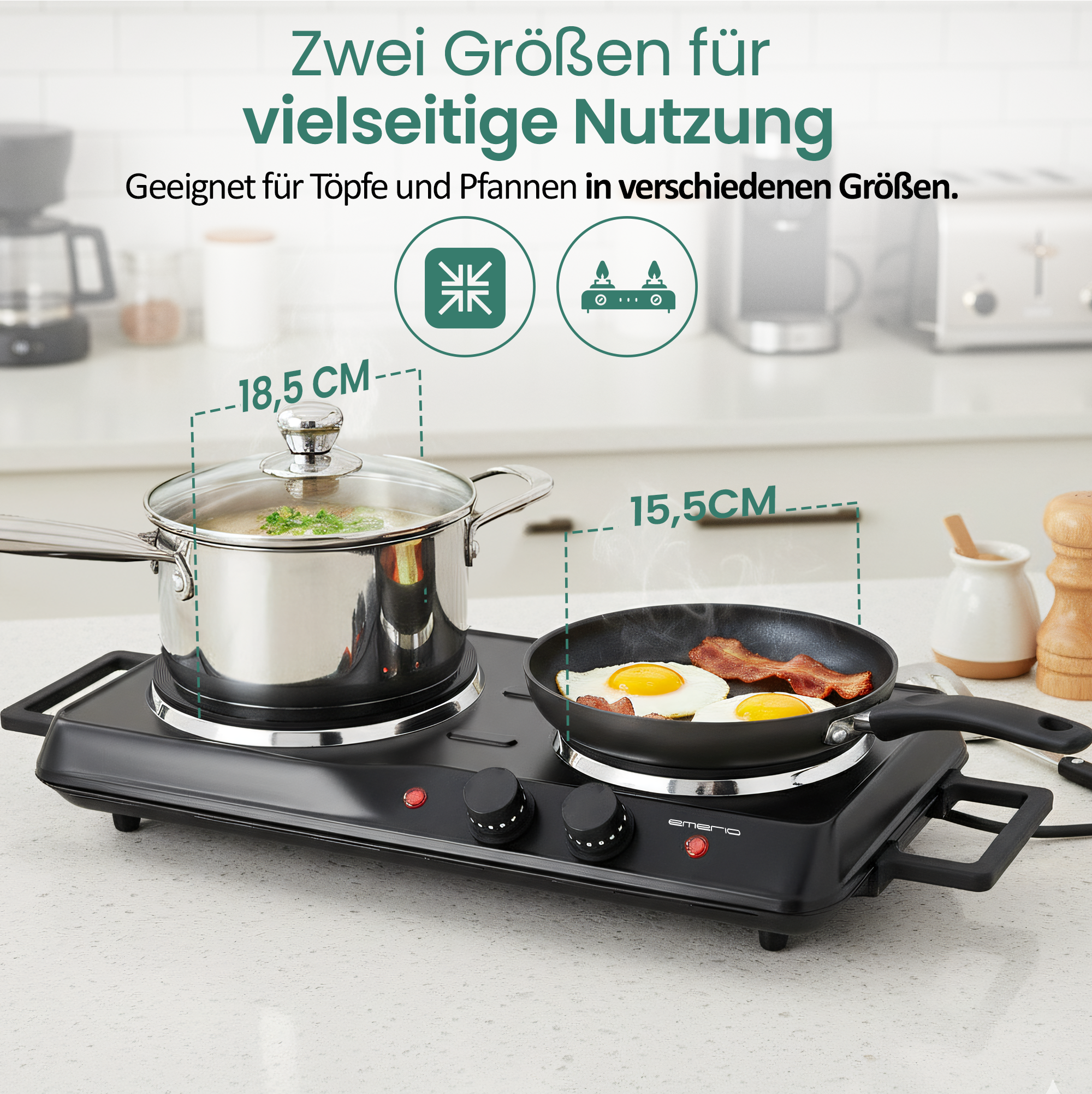 Ein Doppelkochfeld mit einem Topf (18,5 cm) und einer Pfanne mit Spiegeleiern.