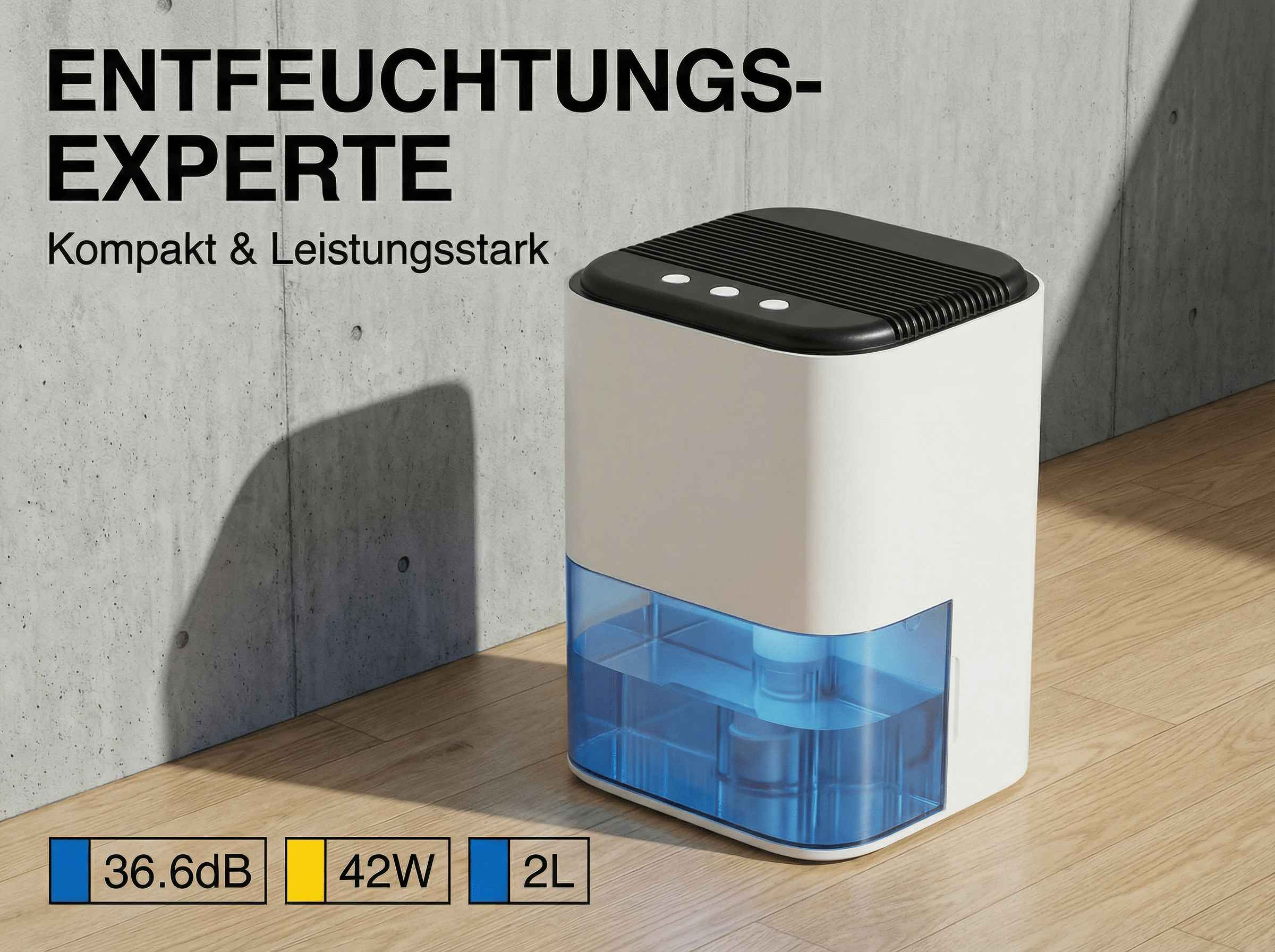 Ein weißer Luftentfeuchter mit blauem Wassertank steht auf Holzboden.