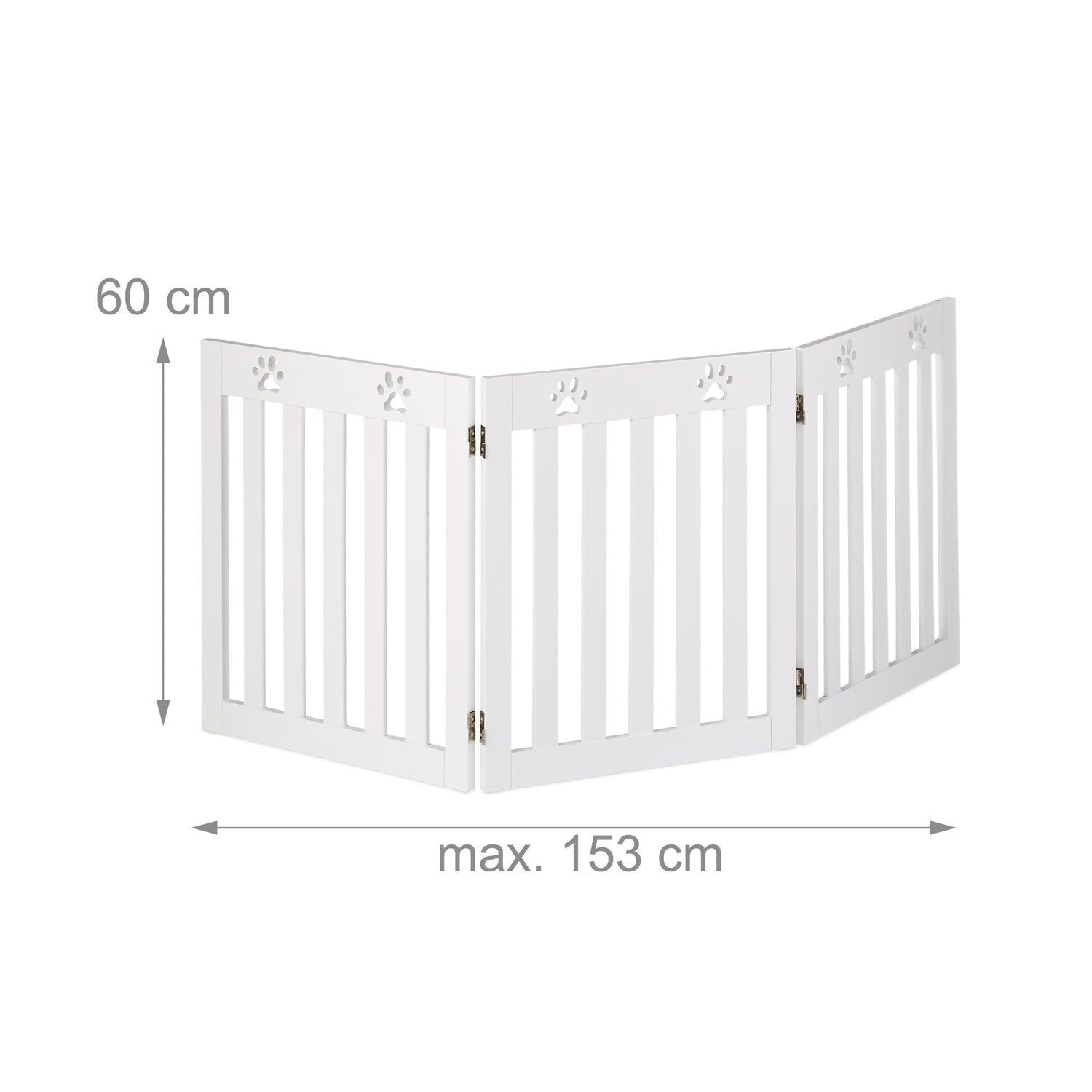 Una barrera blanca plegable para mascotas con huellas y medidas.