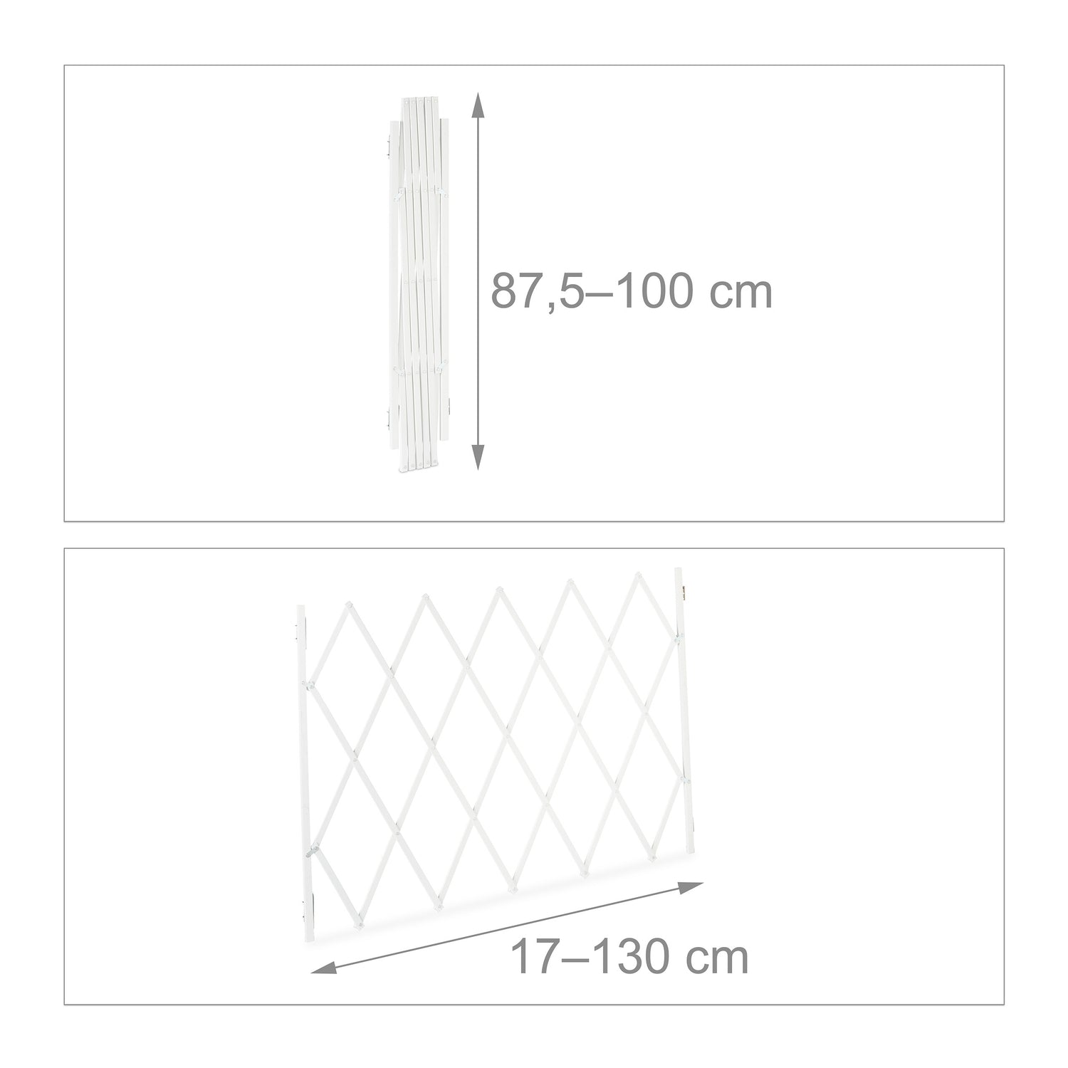 Una barrera blanca extensible tipo tijera, 17-130 cm de ancho, 87,5-100 cm de alto.
