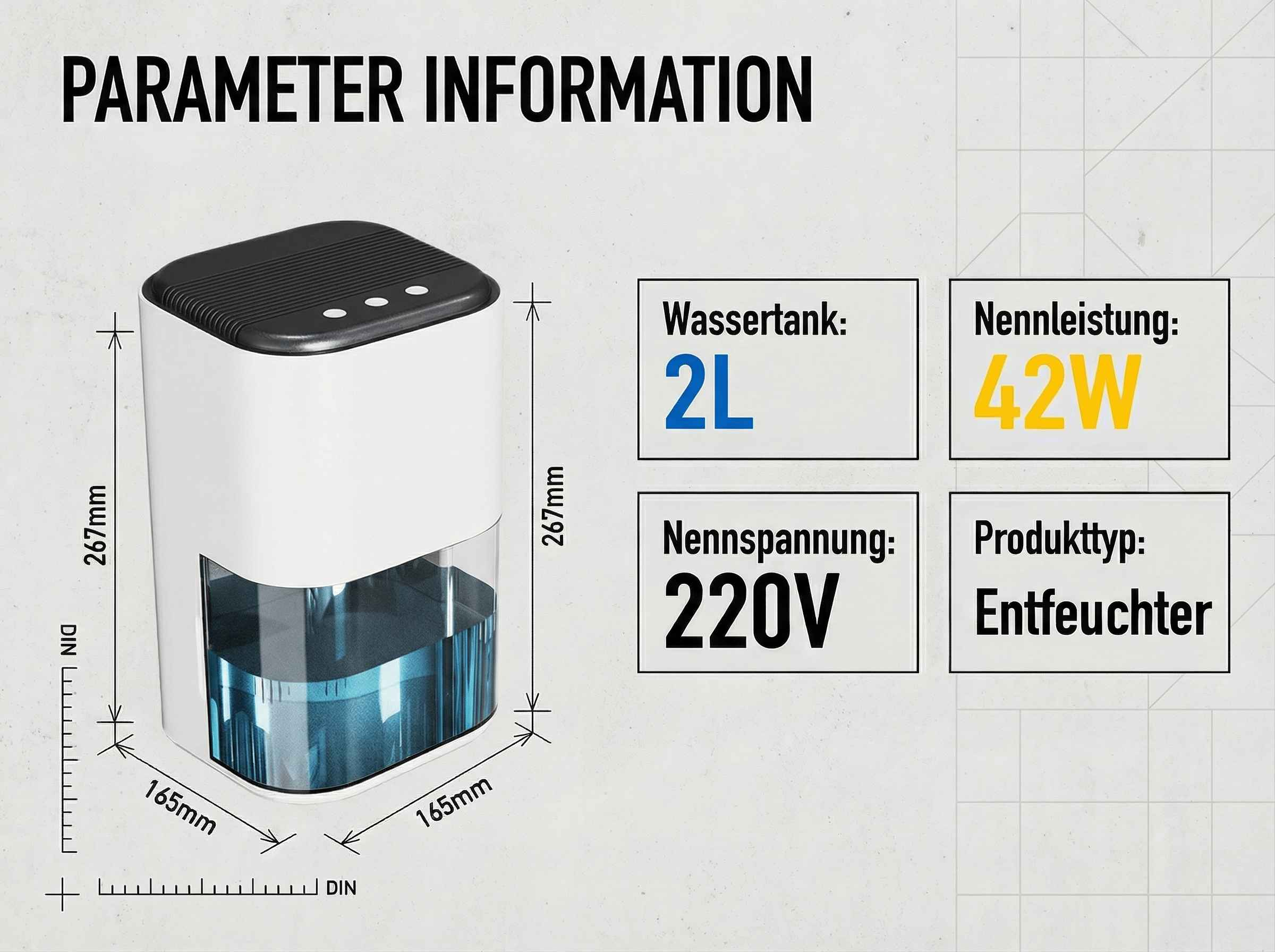 Ein weißer Luftentfeuchter mit 2L Tank, 42W Leistung, 220V Spannung.