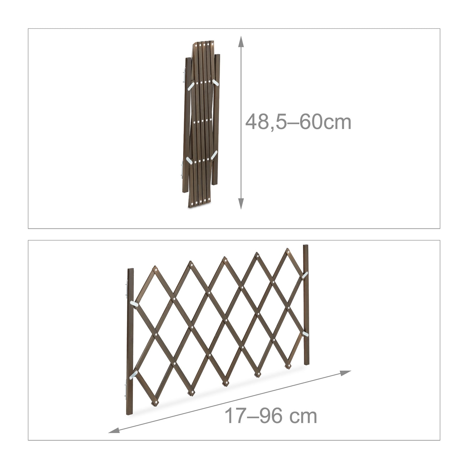 Una valla de madera marrón extensible, mostrada plegada y extendida. Dimensiones mostradas.