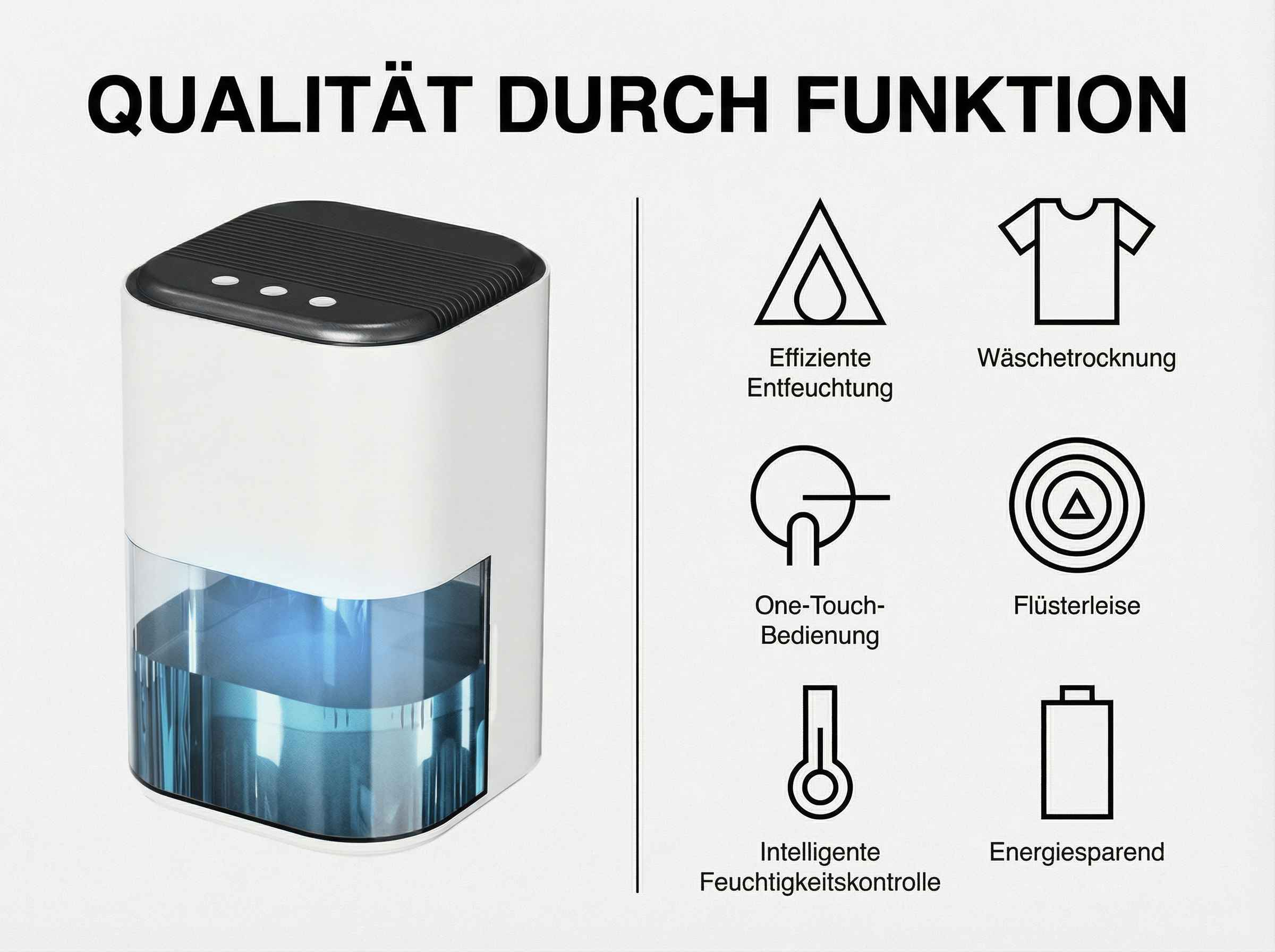 Ein weißer Luftentfeuchter mit blauem Wassertank und Symbolen.
