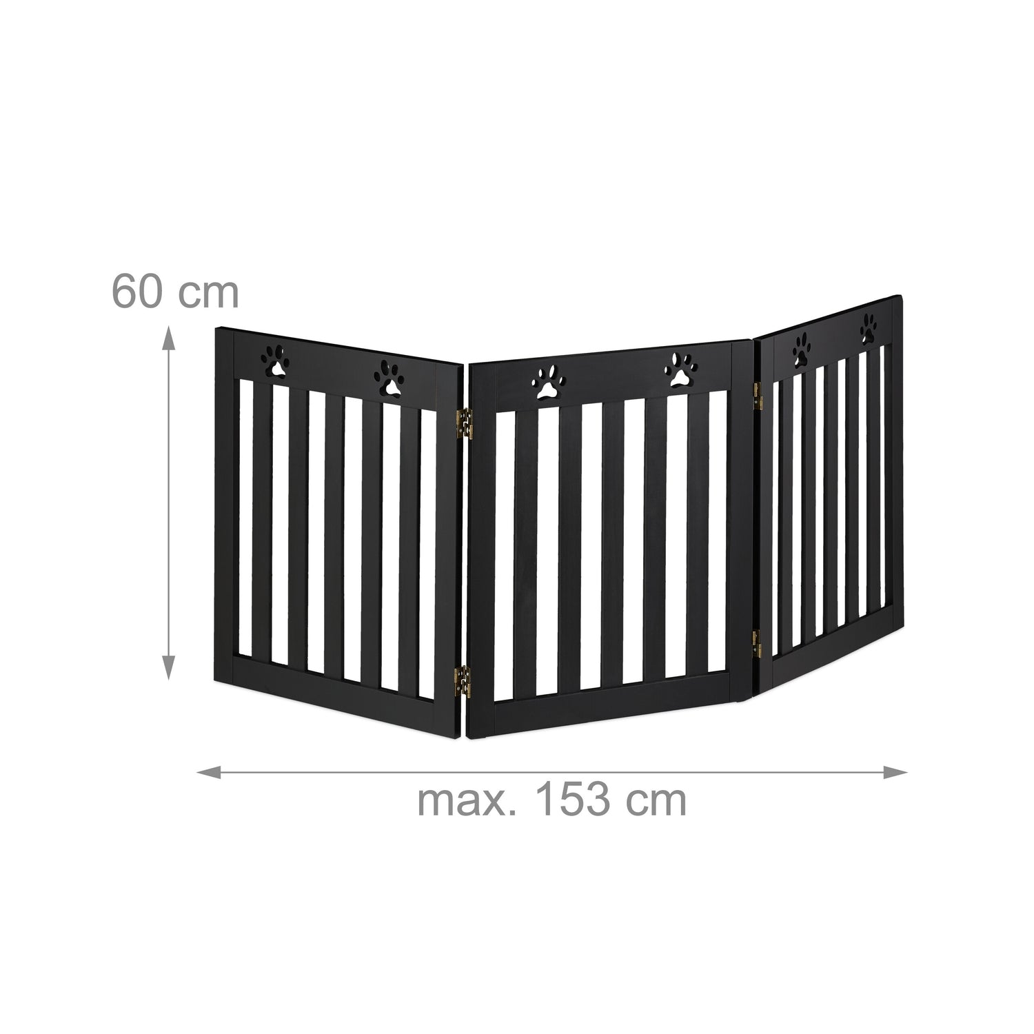 Puerta negra de madera plegable en tres partes con huellas, 60cm alta.