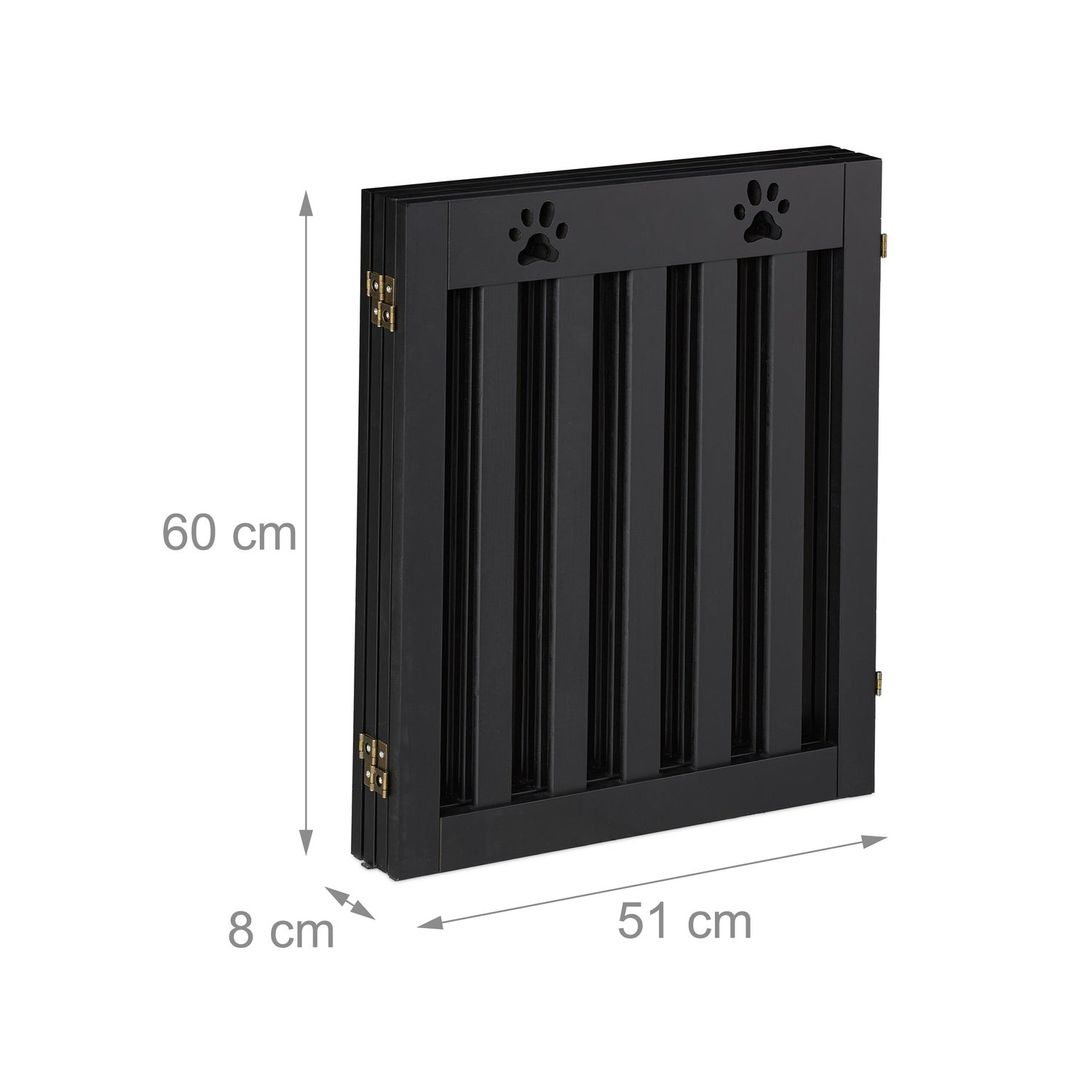 Puerta plegable de madera negra para mascotas con huellas. Al: 60cm, An: 51cm, Pr: 8cm.