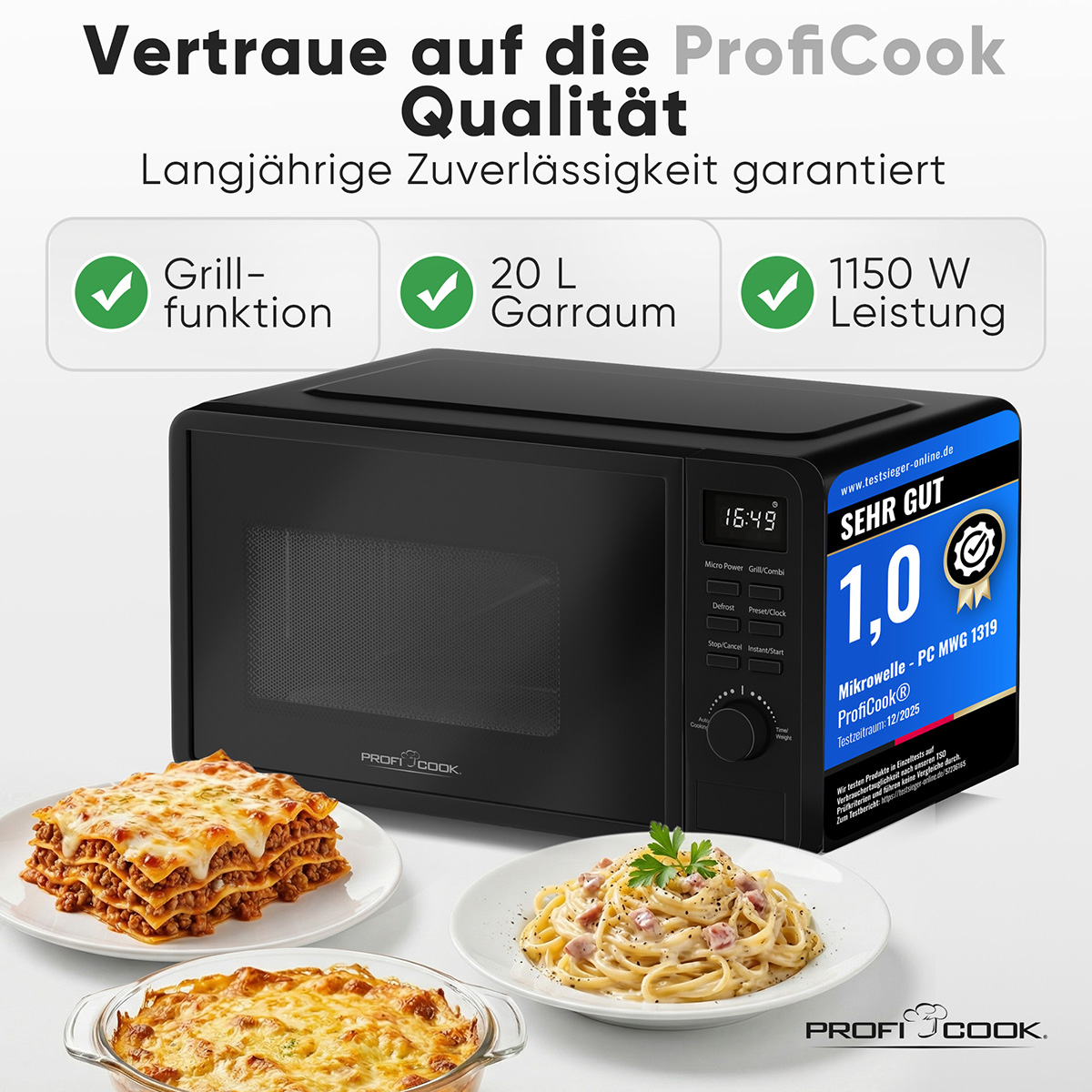 Schwarze Mikrowelle mit drei Gerichten: Lasagne, Spaghetti und Auflauf.