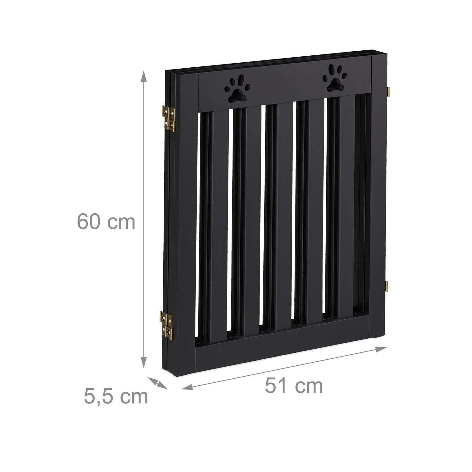 Puerta negra de madera para mascotas con huellas. Medidas: 60x51x5,5 cm.