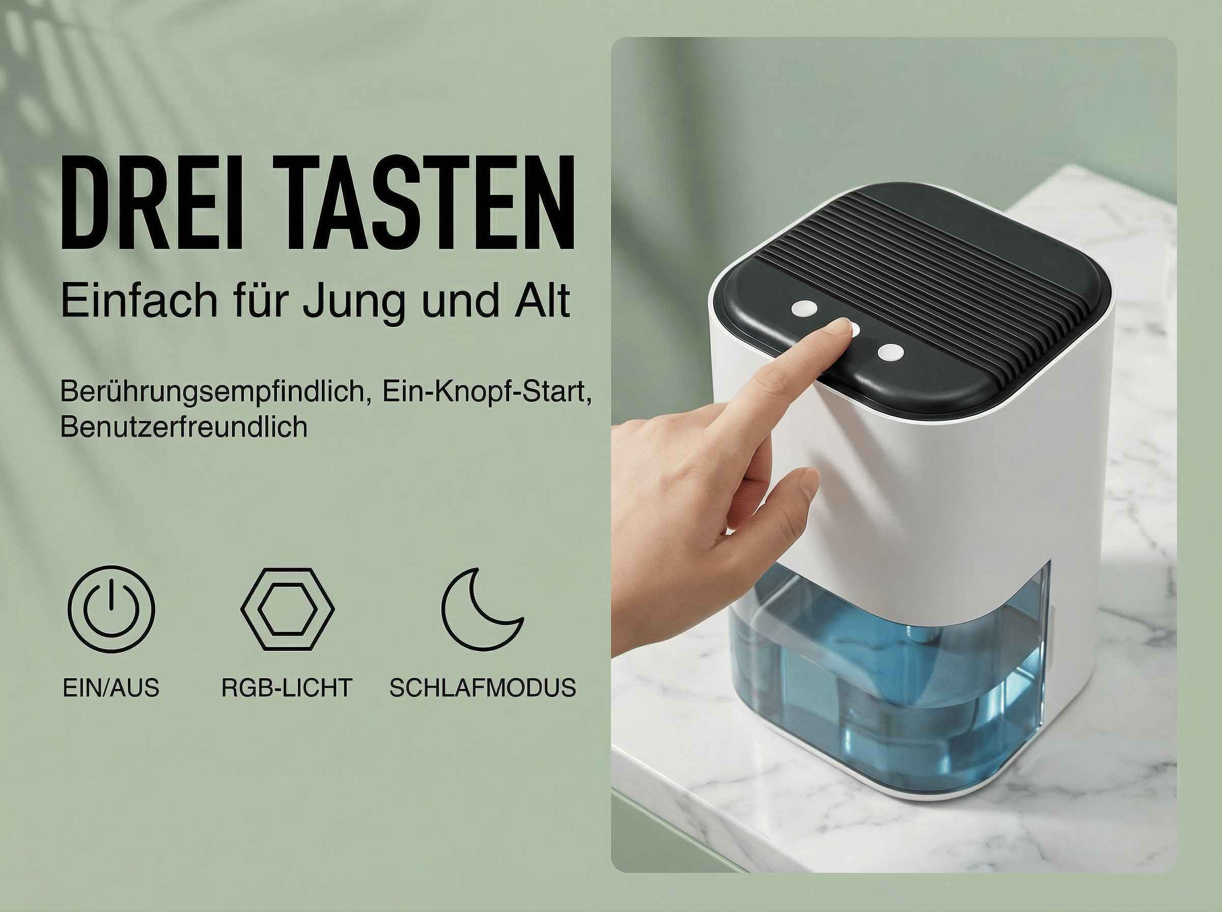 Ein weißer Luftentfeuchter mit blauem Behälter, eine Hand drückt den Knopf.