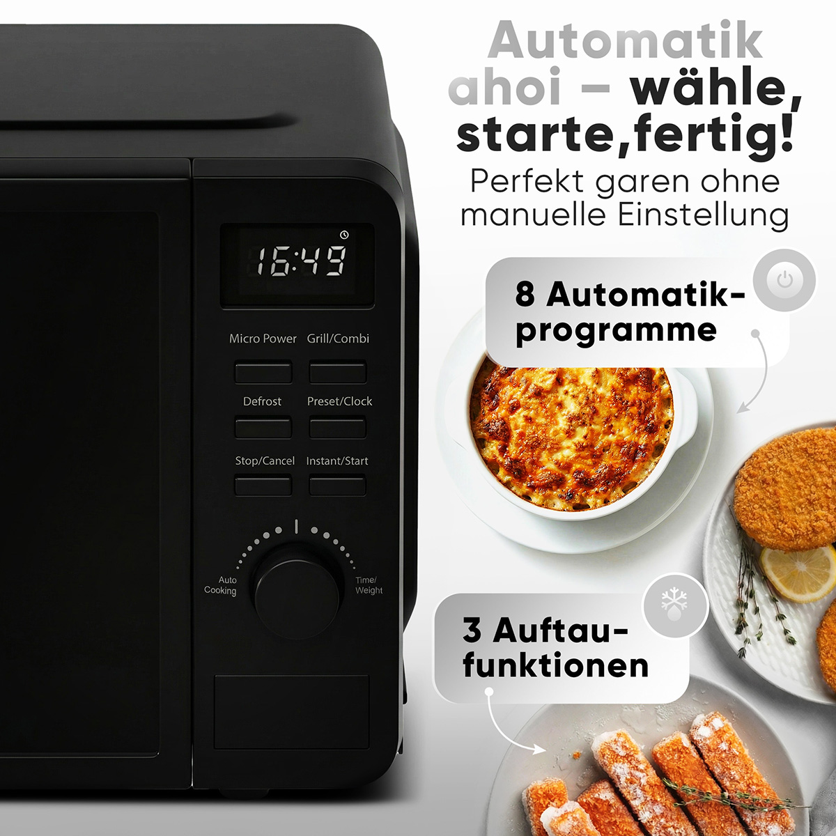 Schwarze Mikrowelle mit digitaler Anzeige, Tasten und Drehrad. daneben Essen.