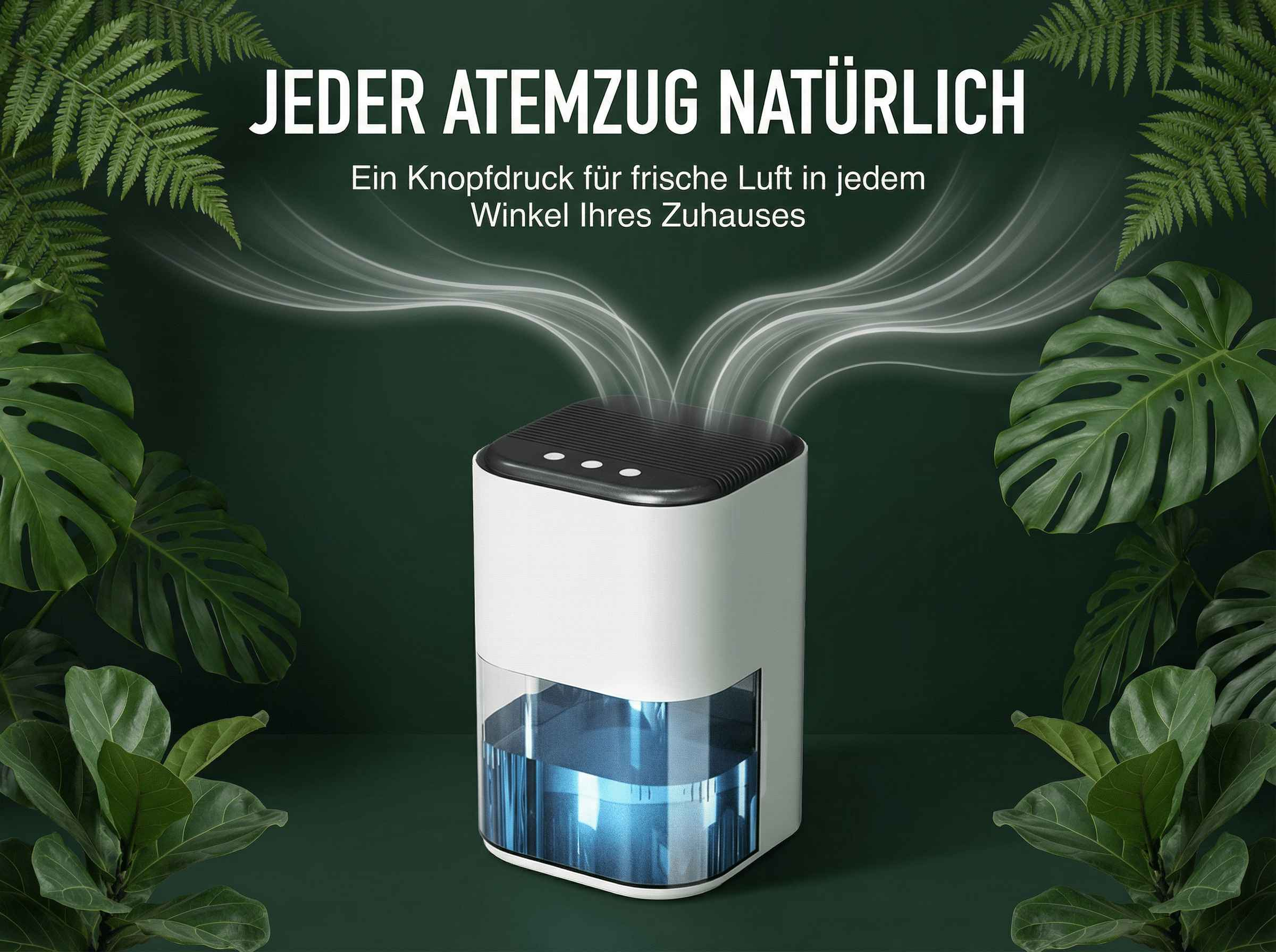 Ein weißer Luftreiniger mit blauem Wasserbehälter, umgeben von grünen Blättern.