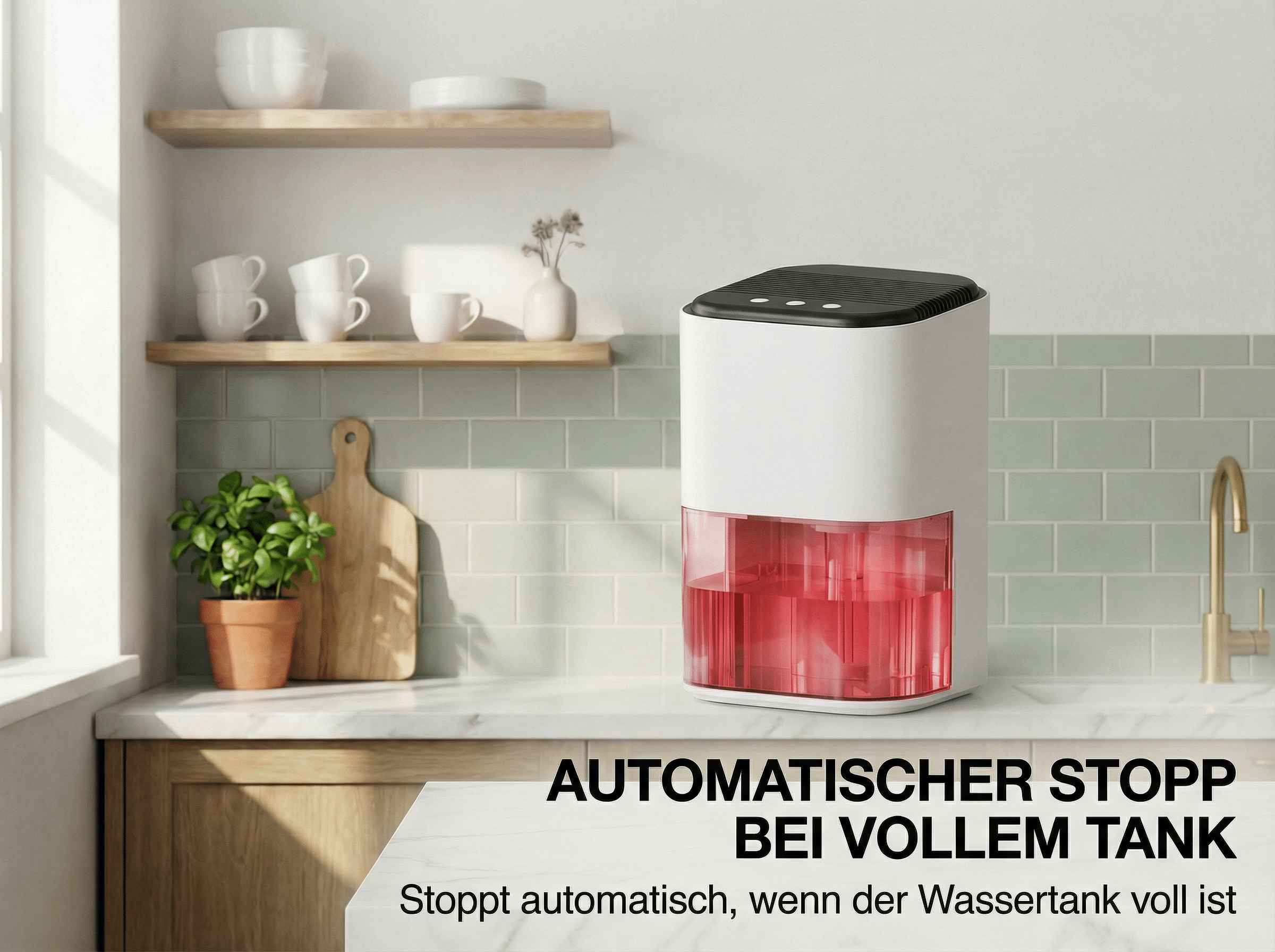Ein weißer Entfeuchter mit rotem Wassertank steht auf einer Küchentheke.