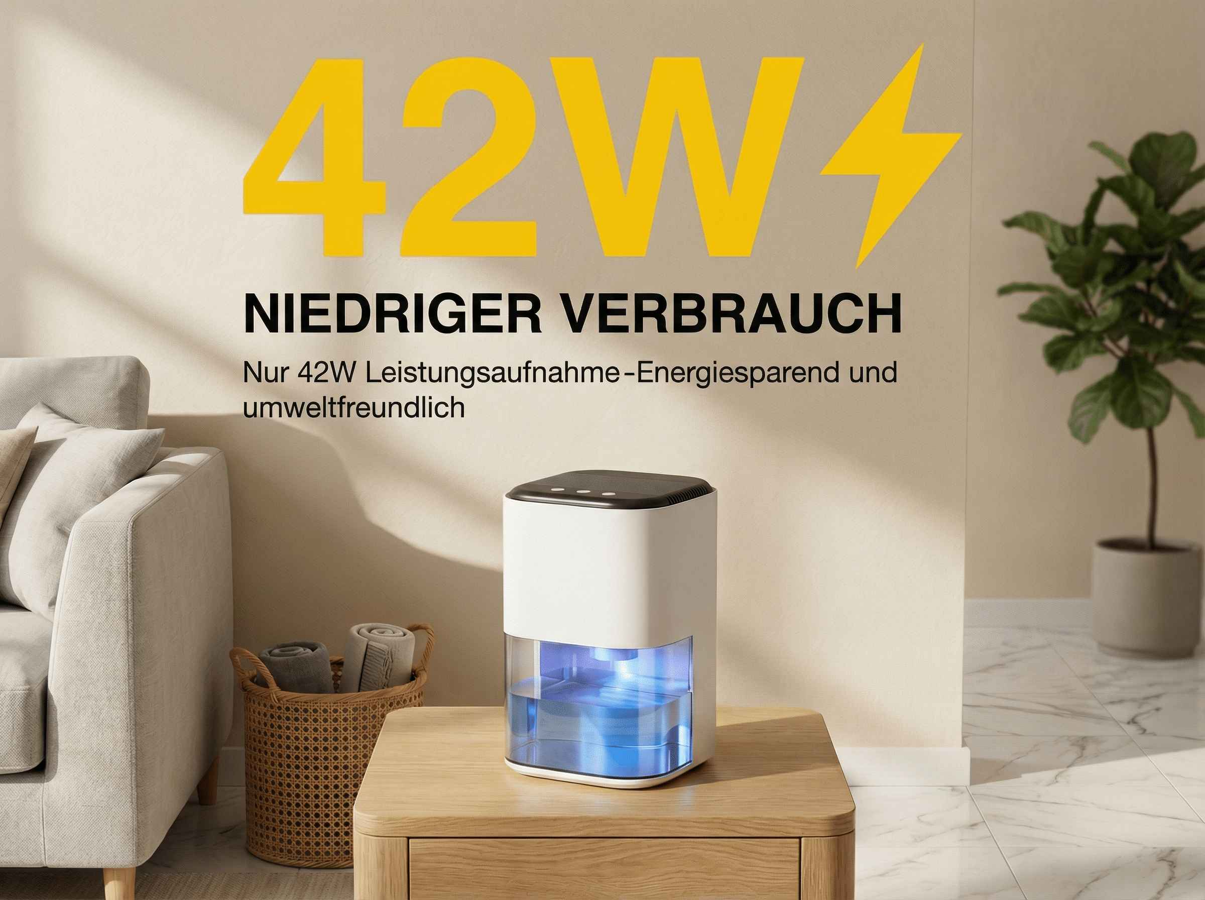 Ein weißer Luftentfeuchter mit blauem Wasserbehälter steht auf einem Holztisch.