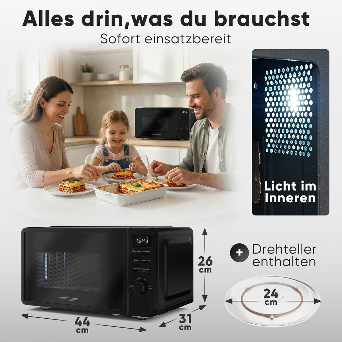 Familie isst Lasagne, nebenan Mikrowelle mit Maßen.