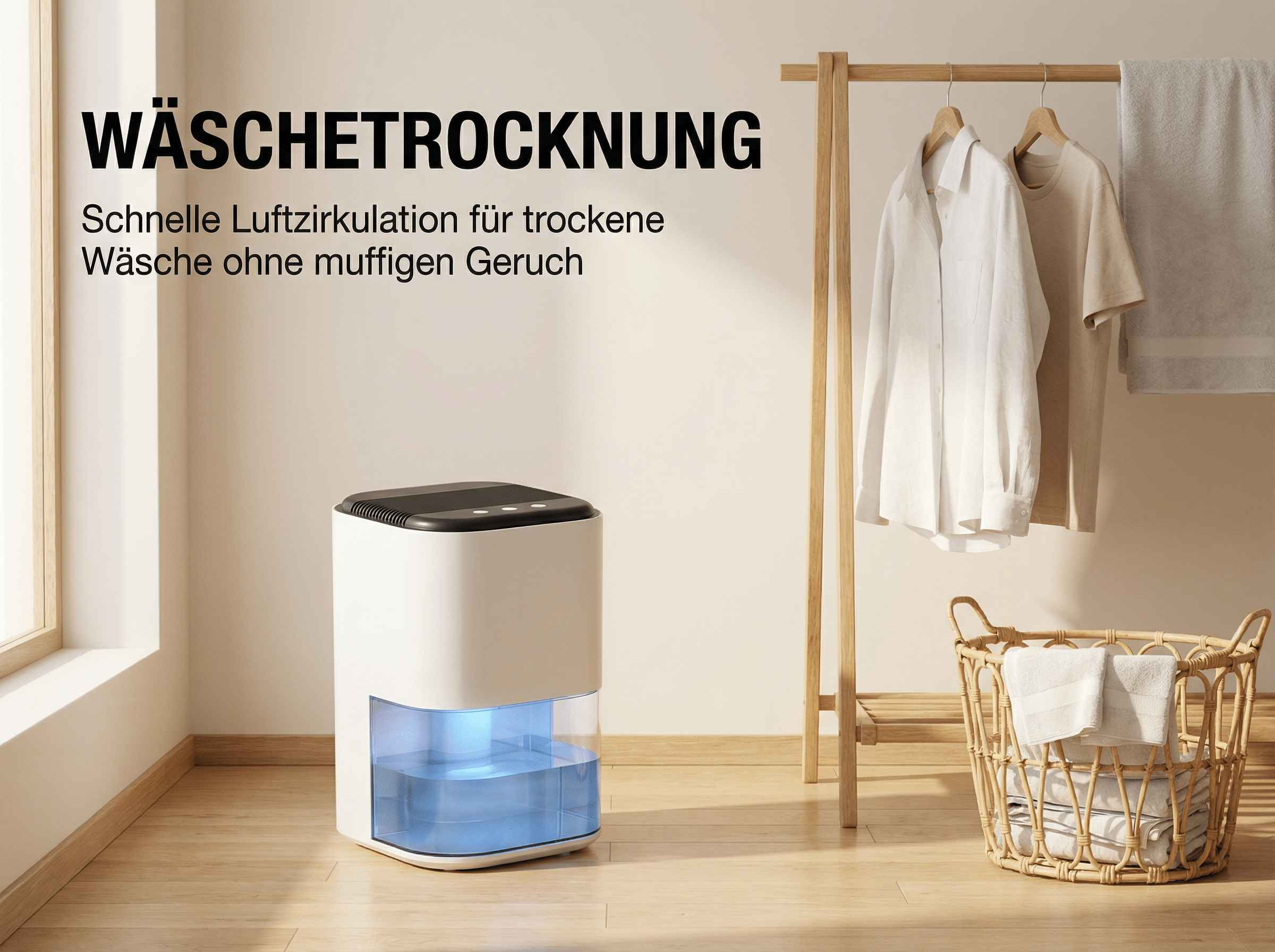 Ein weißer Luftentfeuchter neben einem Holzständer mit Kleidung und einem Wäschekorb.