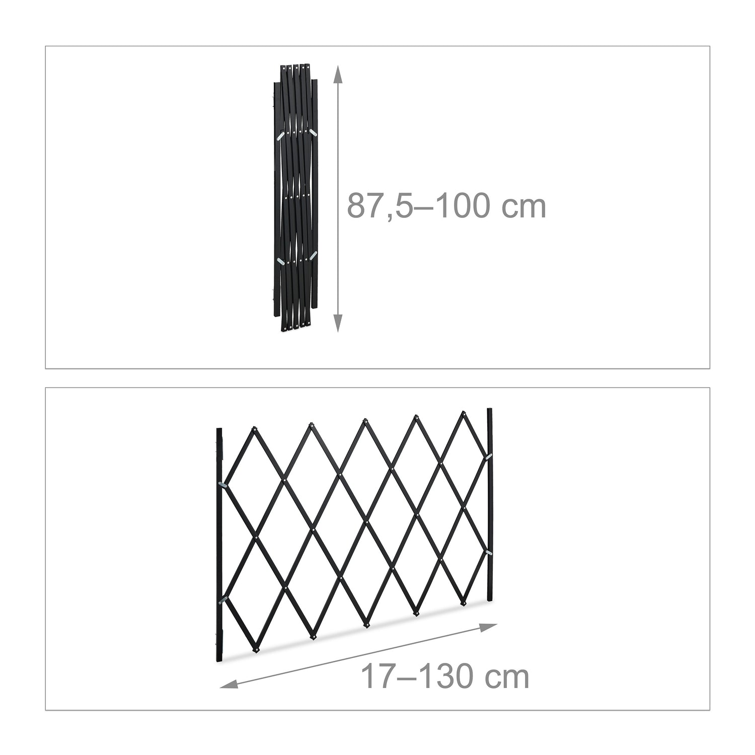 Puerta tijera negra, plegada y extendida, con indicaciones de tamaño.