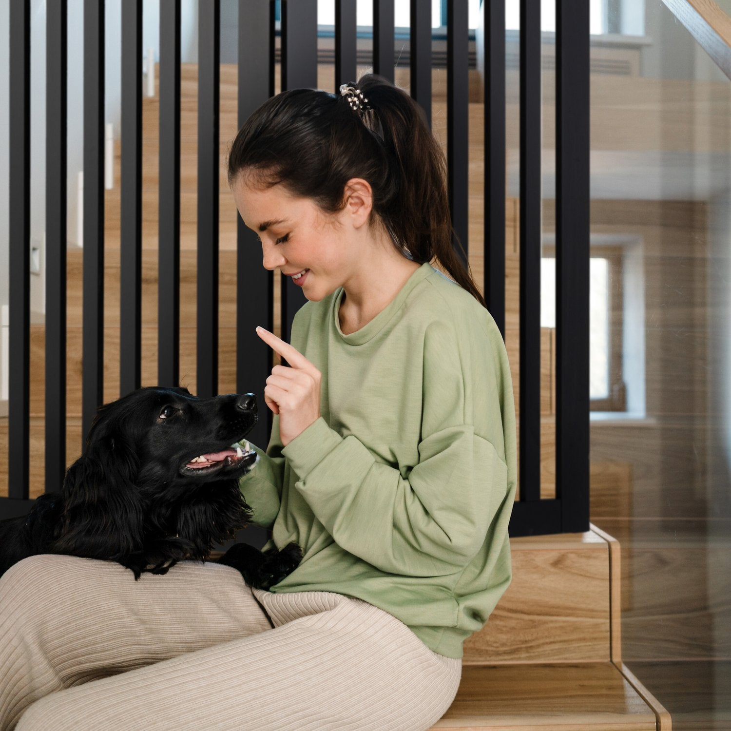 Una niña con un suéter verde claro se sienta en escaleras de madera jugando con un perro negro.