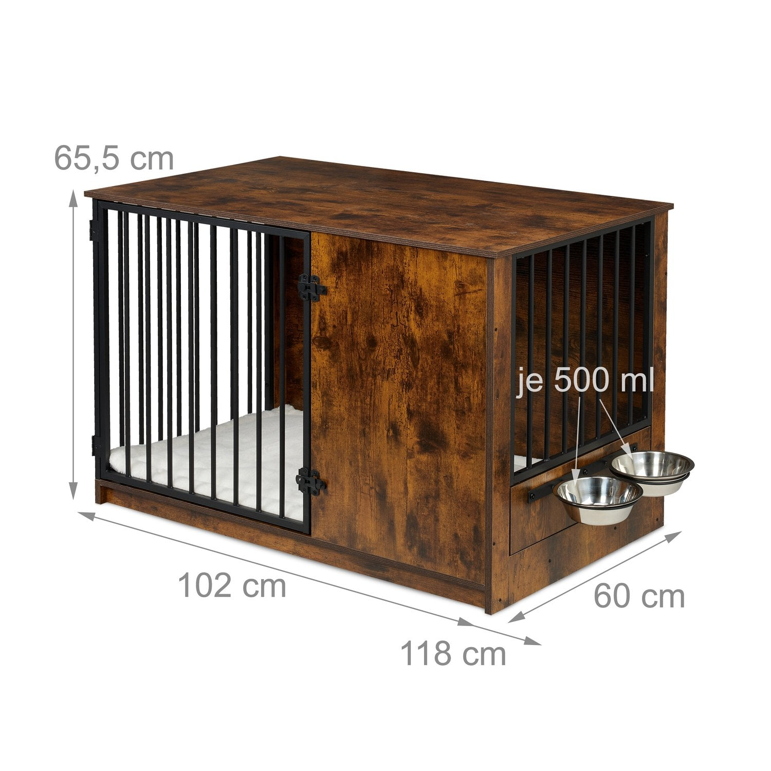 Jaula para perros de madera con barrotes, medidas 102x60x65.5cm, incluye cuencos.