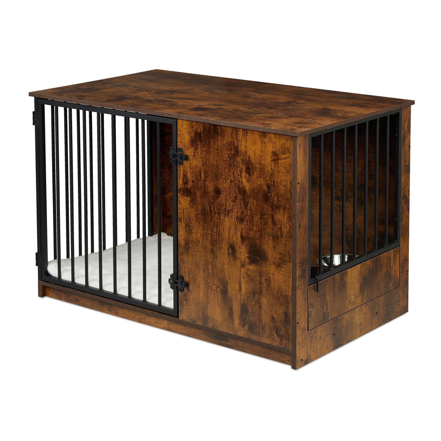 Jaula de madera con barrotes metálicos, cama blanca y cuenco.