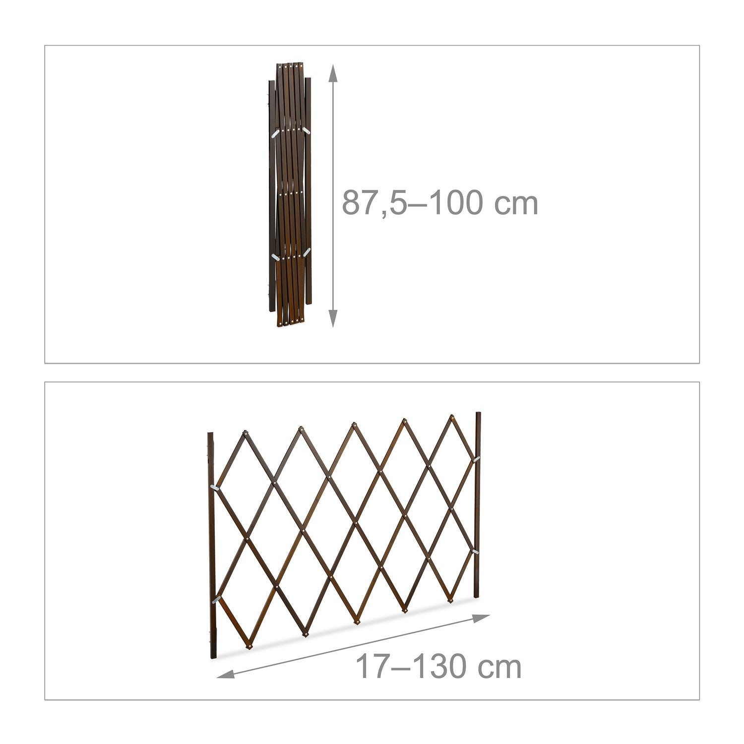 Una valla de madera extensible, mostrada plegada y extendida con medidas.