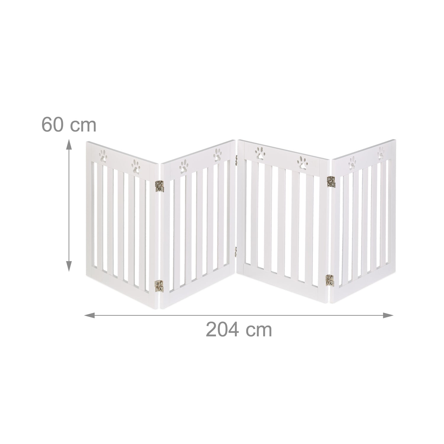 Una barrera blanca plegable para mascotas con huellas. 60cm de alto, 204cm de ancho.