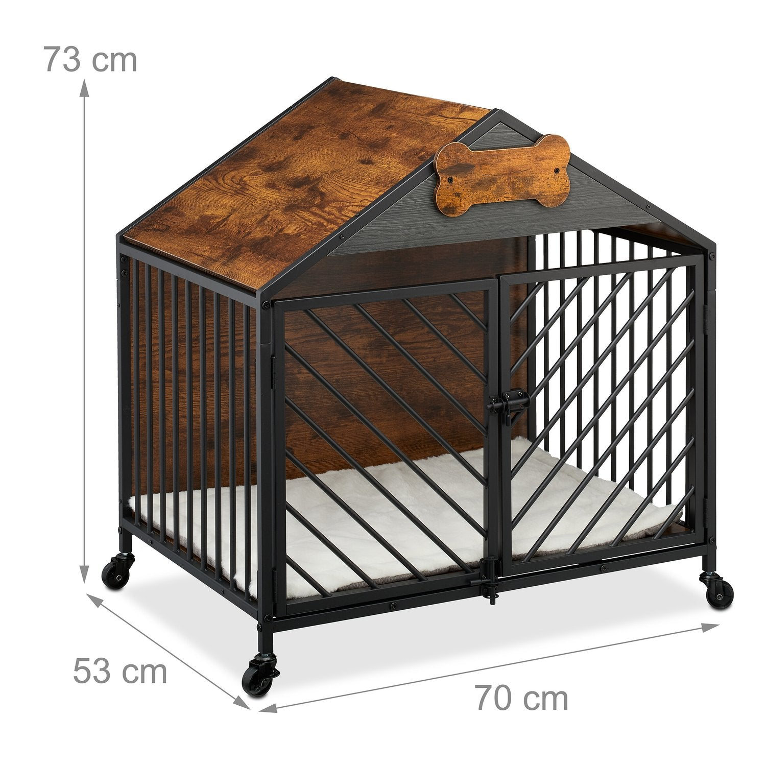 Jaula para perros con techo de madera, barrotes metálicos y ruedas.
