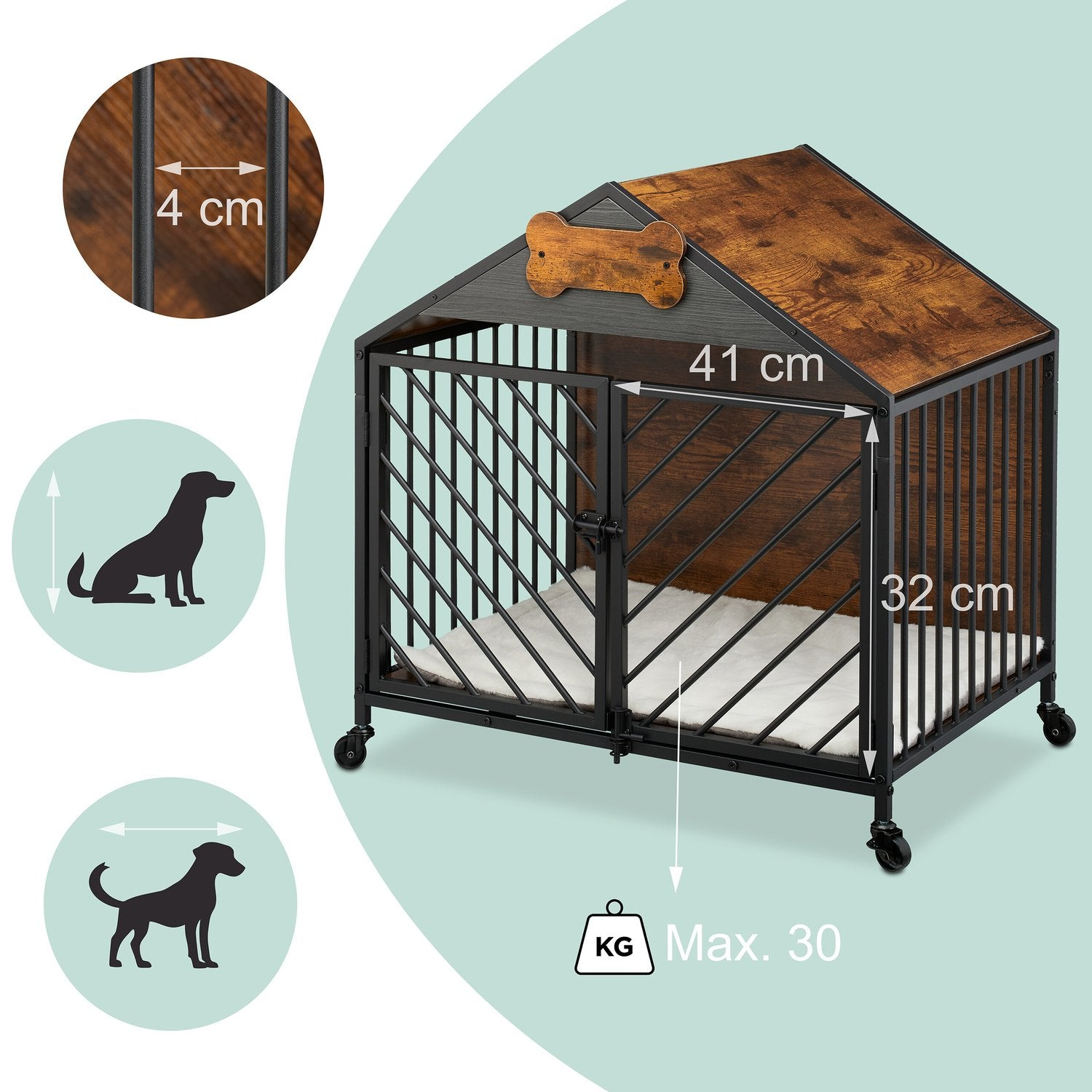 Jaula para perros con techo imitación madera, rejas, 41x32cm, max. 30kg.