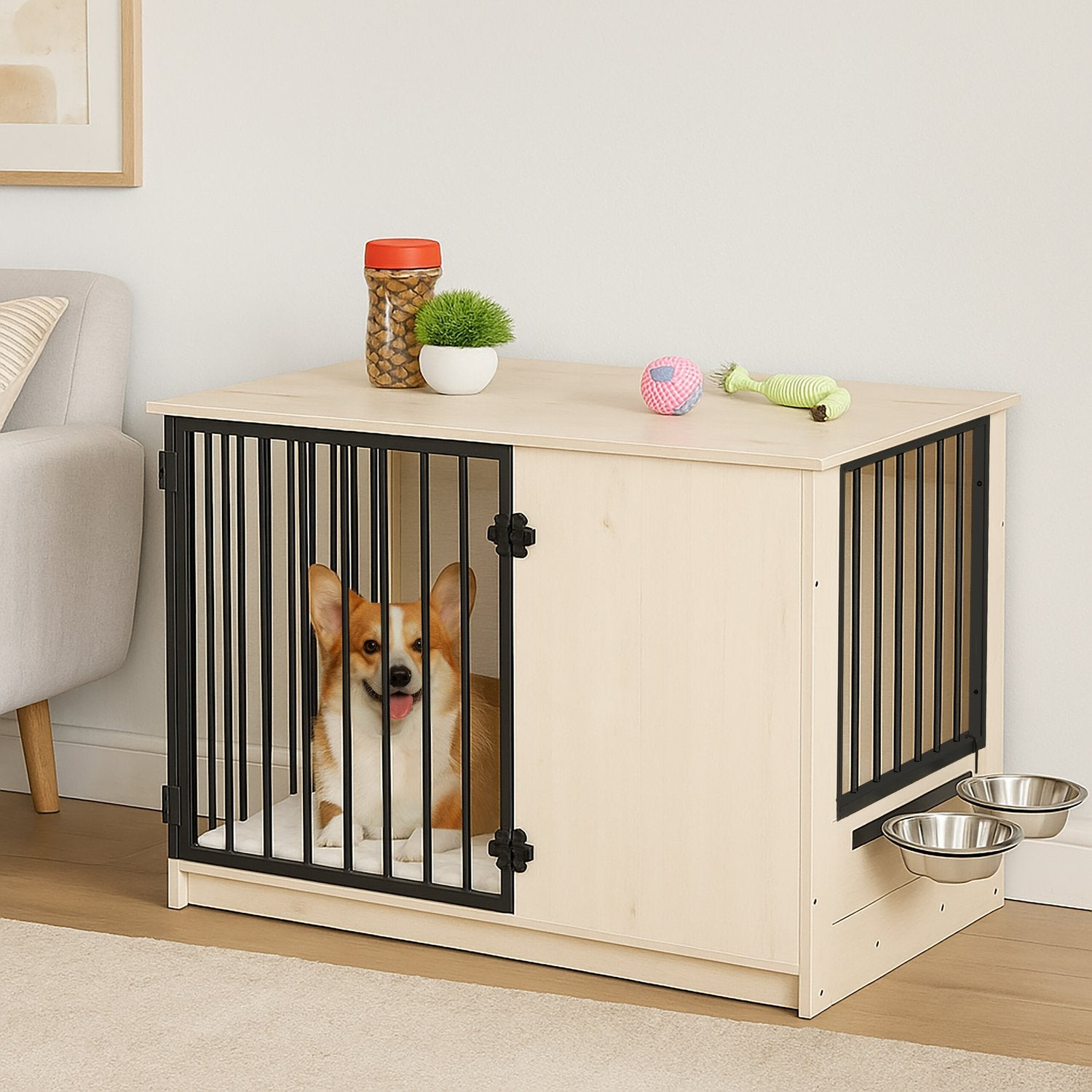 Un corgi se sienta dentro de una jaula de madera clara con barrotes negros. Juguetes y comida cerca.