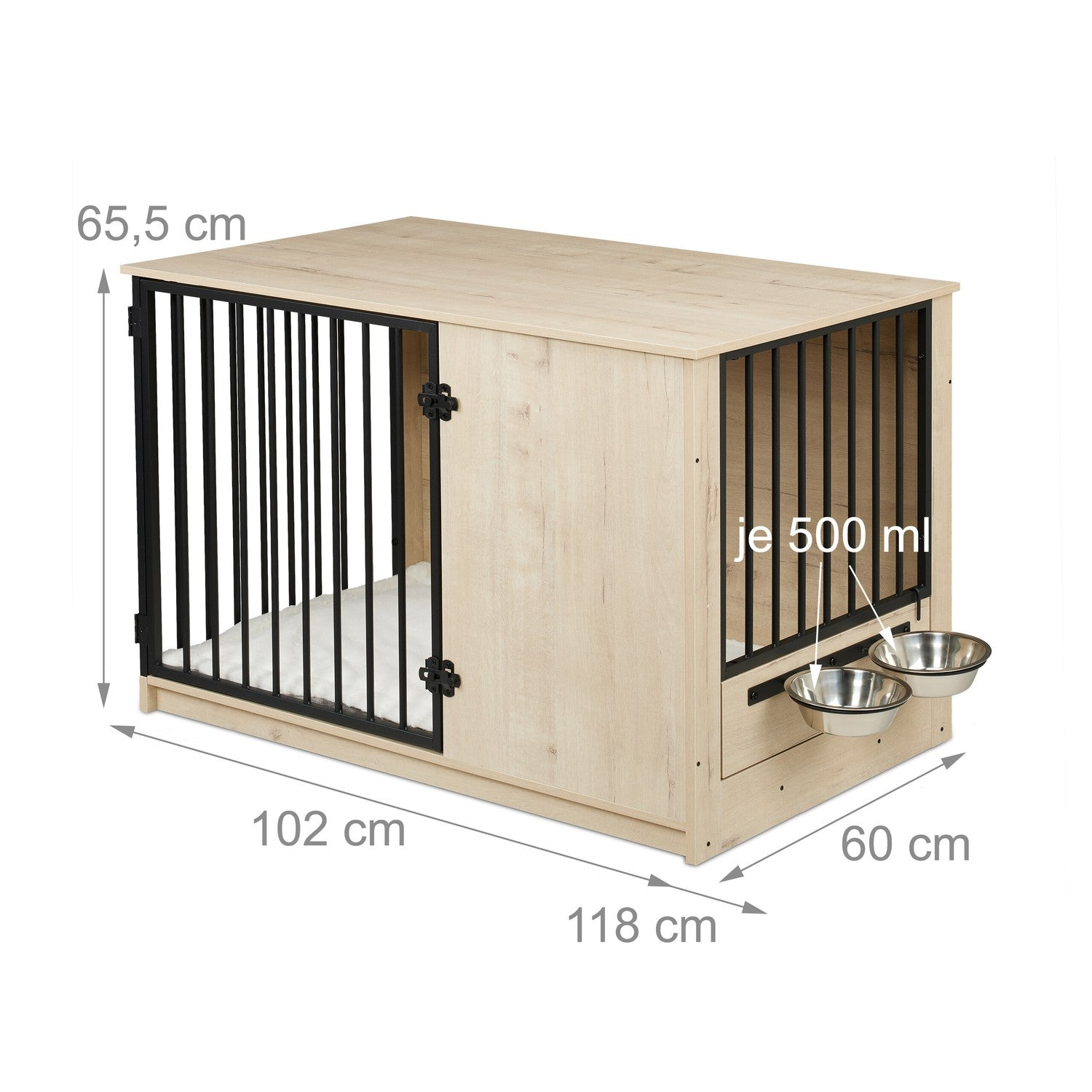 Jaula de madera para perros con barrotes negros, medidas 118x60x65,5 cm.