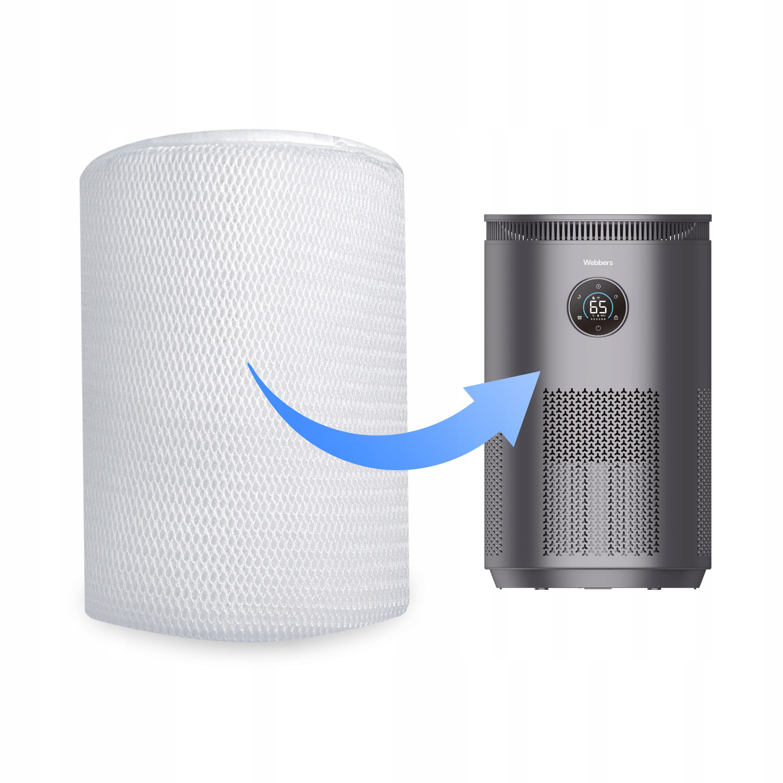 Biały filtr powietrza obok ciemnego oczyszczacza powietrza z niebieską strzałką.